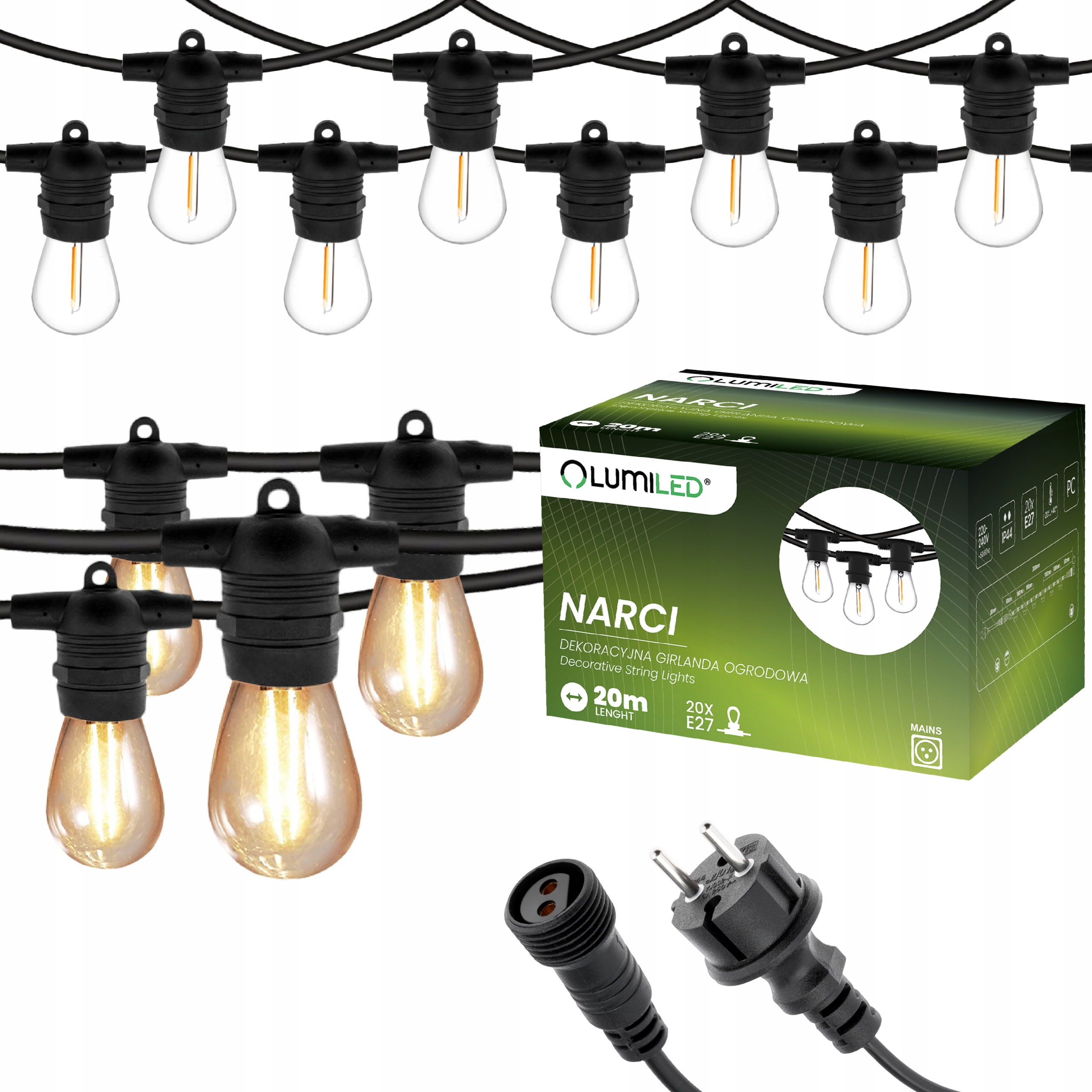 Girlanda Ogrodowa Zewnętrzna Łańcuch Żarówka Filament 20m 20LEDxE27 Premium