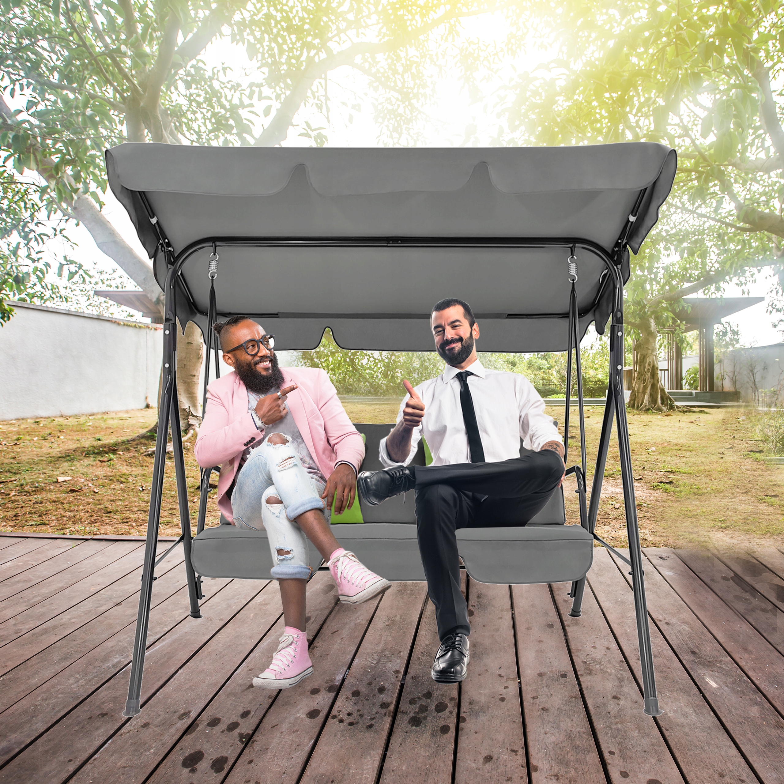 HUŚTAWKA OGRODOWA WOLNOSTOJĄCA 3 OSOBOWA ŁAWKA BUJANA DASZEK CASPI SZARA Stan opakowania oryginalne