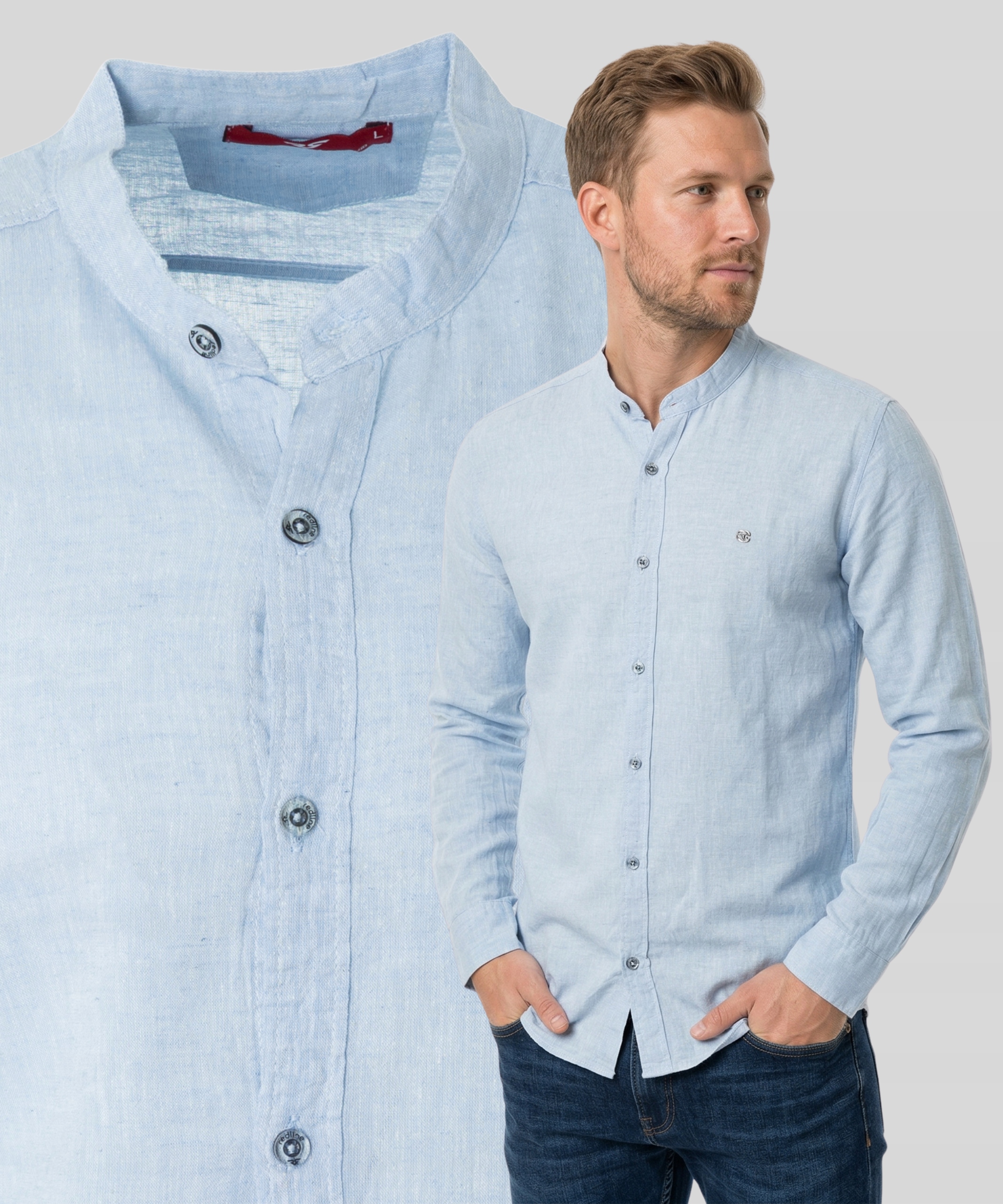 koszula męska Lniana Len+bawełna Stójka Dł.rękaw Błękitna Lato Przewiewna S