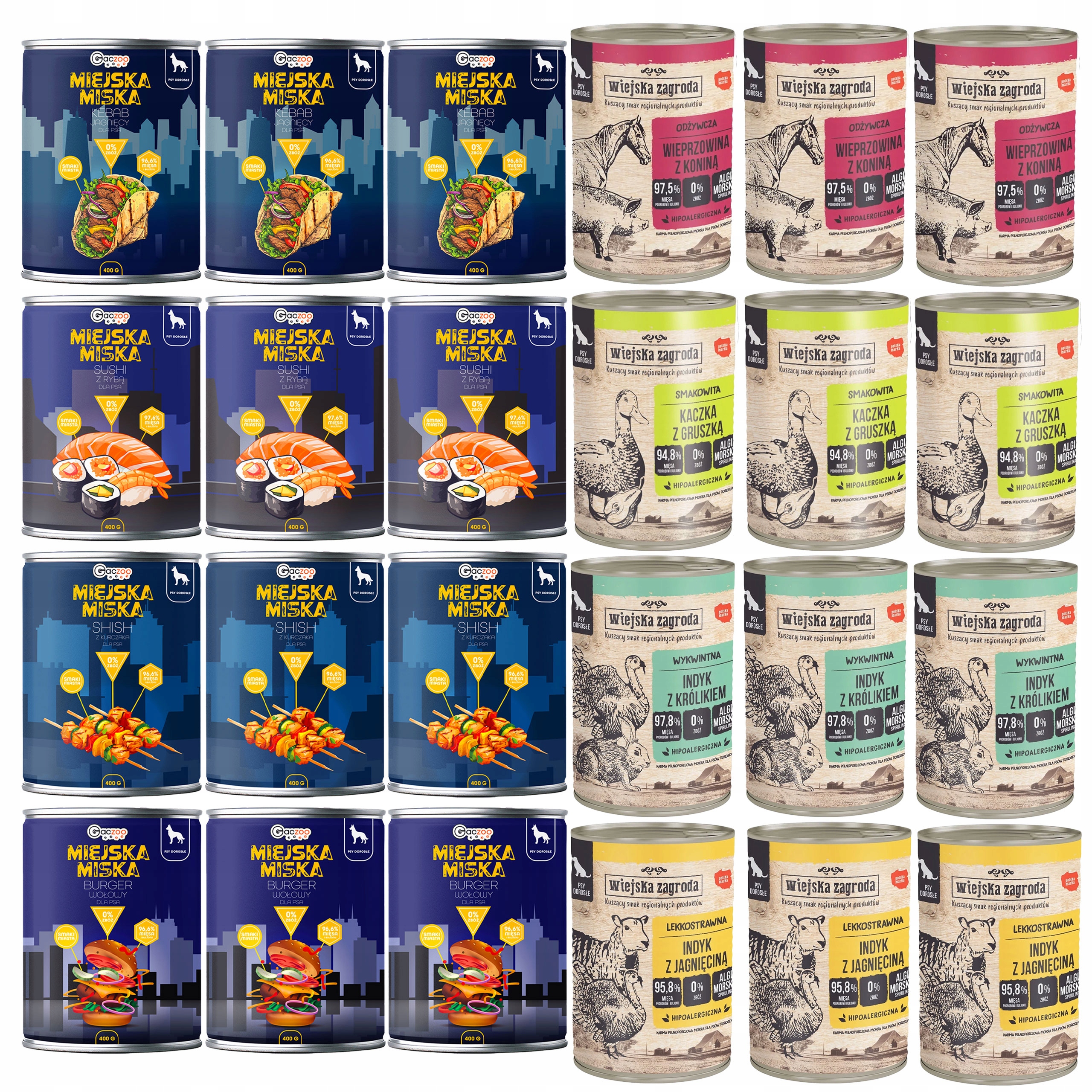 Levně Wiejska Zagroda Městská miska Gaczoo Krmivo pro mokré psy mix chutí 24 x 400 g