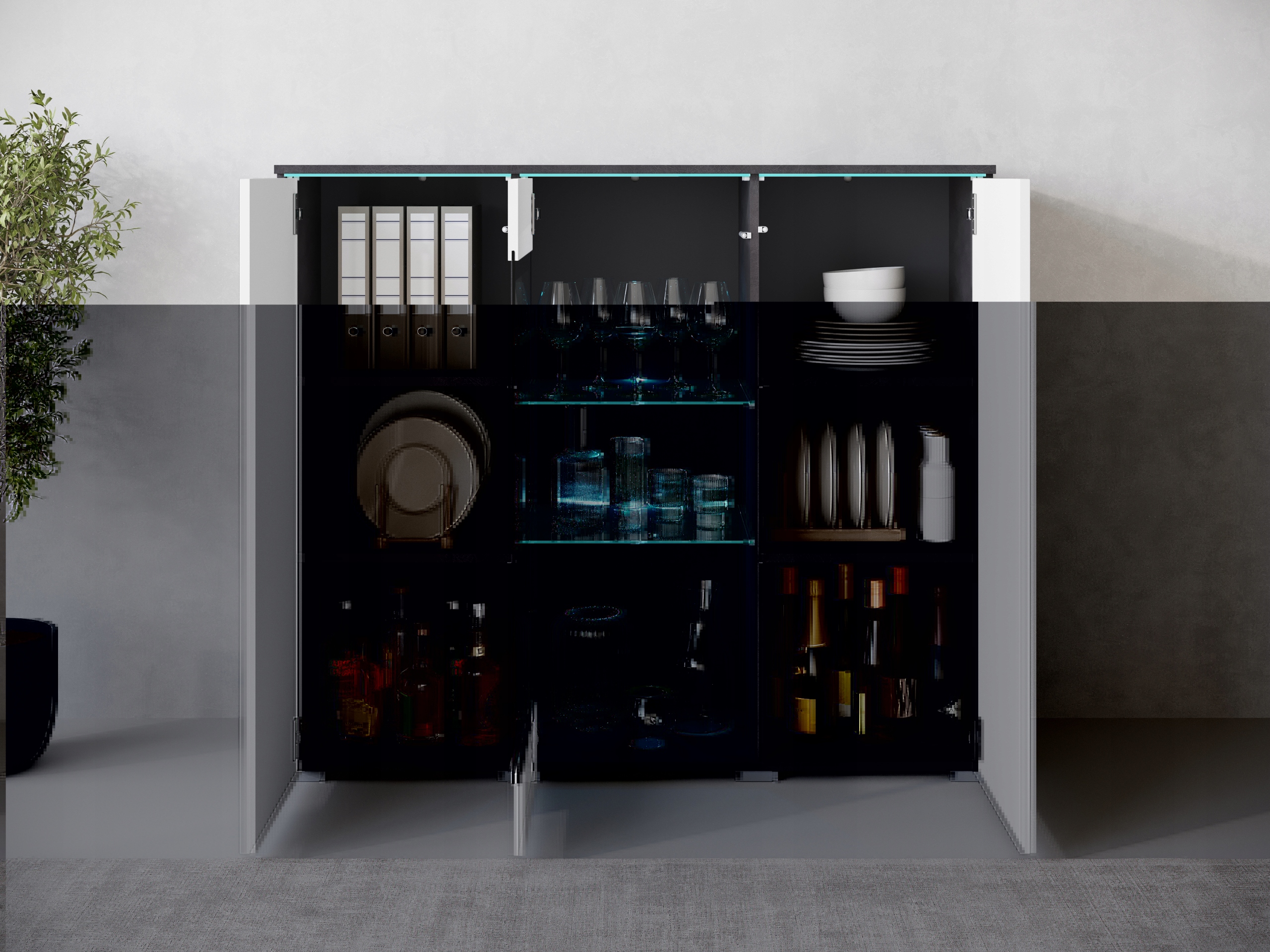 Nowoczesna szeroka witryna, highboard, komoda VERA 120 cm, szklane półki