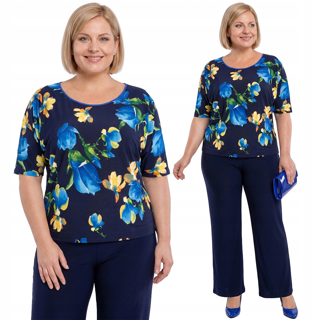 Tmavě modrá halenka s žluto-modrými květy plus size velikost 58