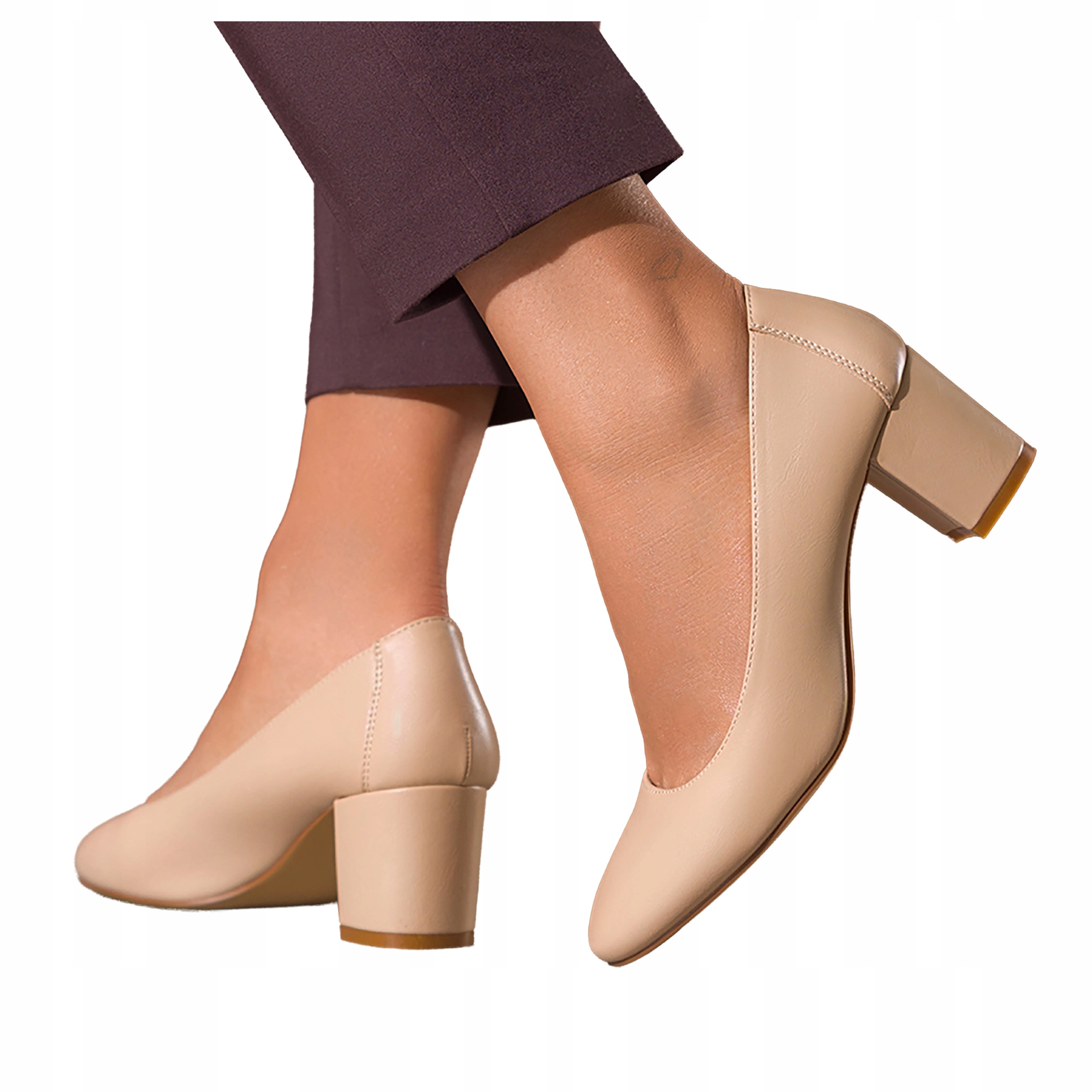 Czółenka Ciemnobeżowe Damskie Na Słupku Klasyczne Skórzana Wkładka r 40