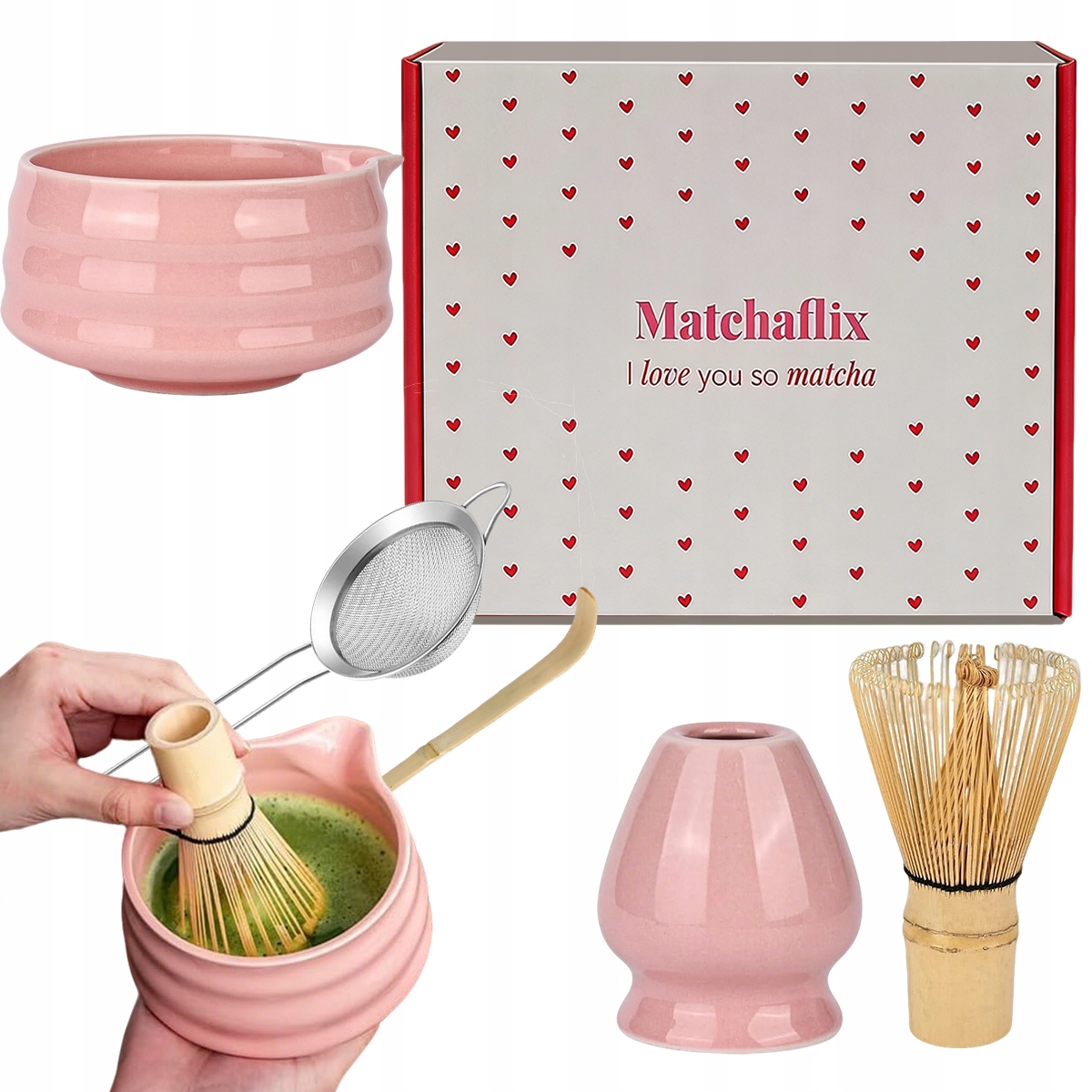 Różowy zestaw do herbaty matcha 5sz trzepacza, łyżka, miska podstawka sitko