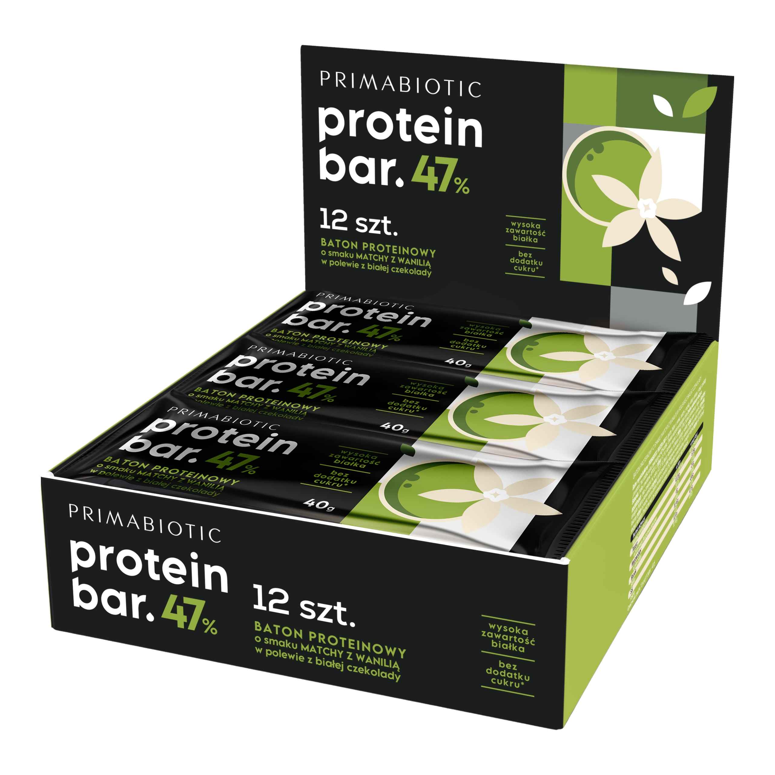 Baton Proteinowy Protein Bar Primabiotic Matcha z Wanilią Białko 12 szt