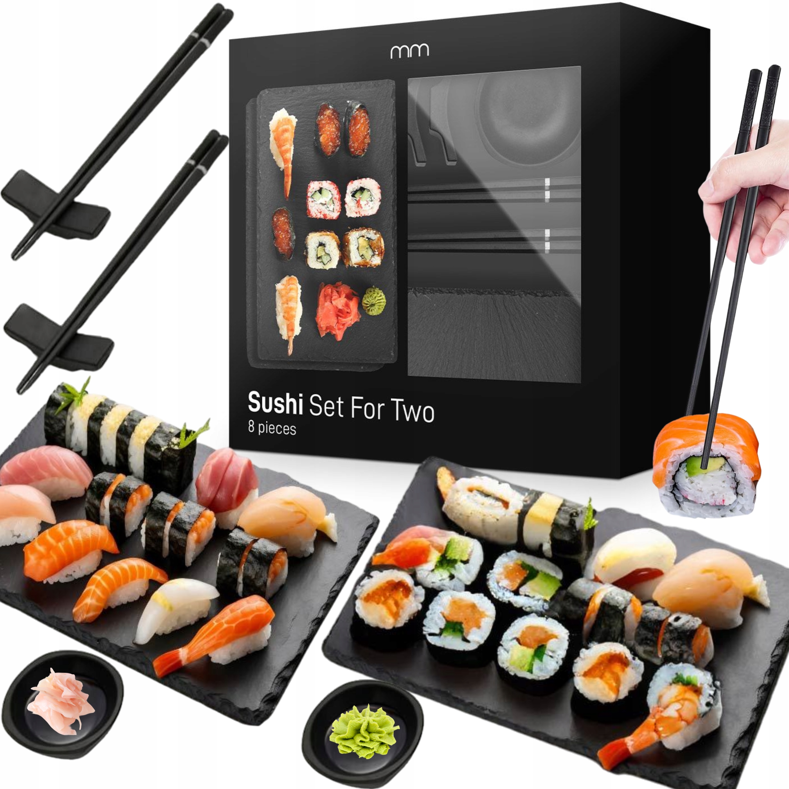 Sushi Sada pro 2 Osoby Servírovací Talíře z Břidlice Tyčinky Černé