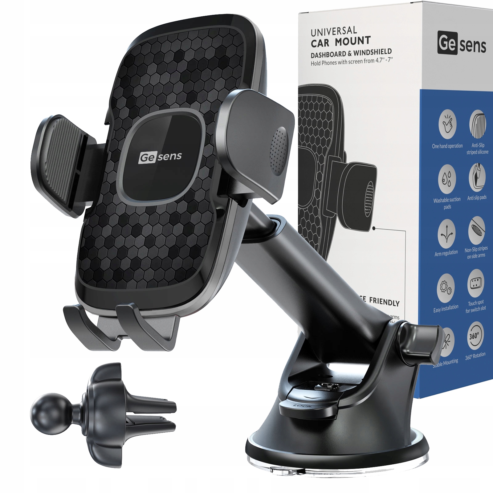 UCHWYT SAMOCHODOWY NA TELEFON na SZYBĘ KOKPIT Regulacja DŁUGOŚCI OBROTOWY