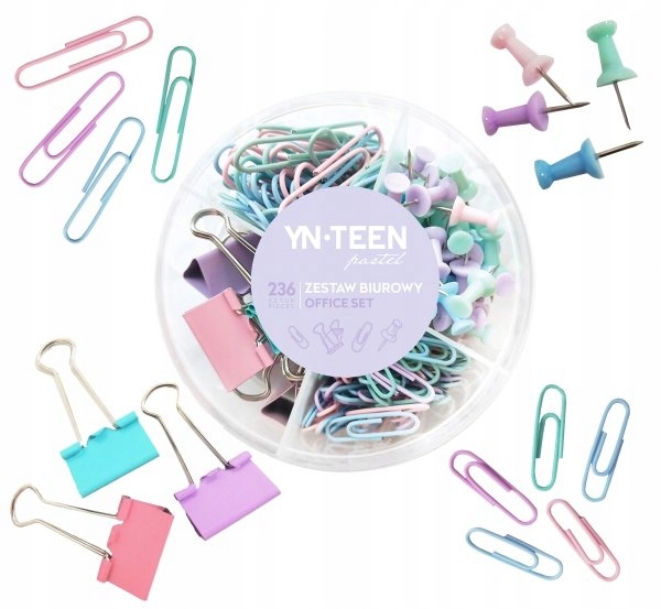 

Zestaw biurowy spinacze klipsy pinezki 236szt Past