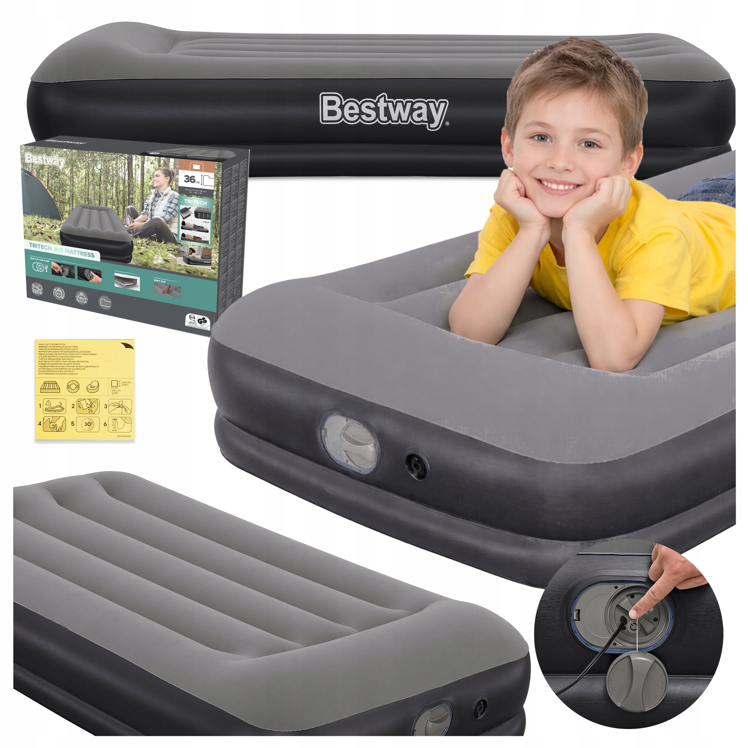 Materac Dmuchany 191x97x36CM Welurowy Wbudowana Pompka Usb Bestway 671BT