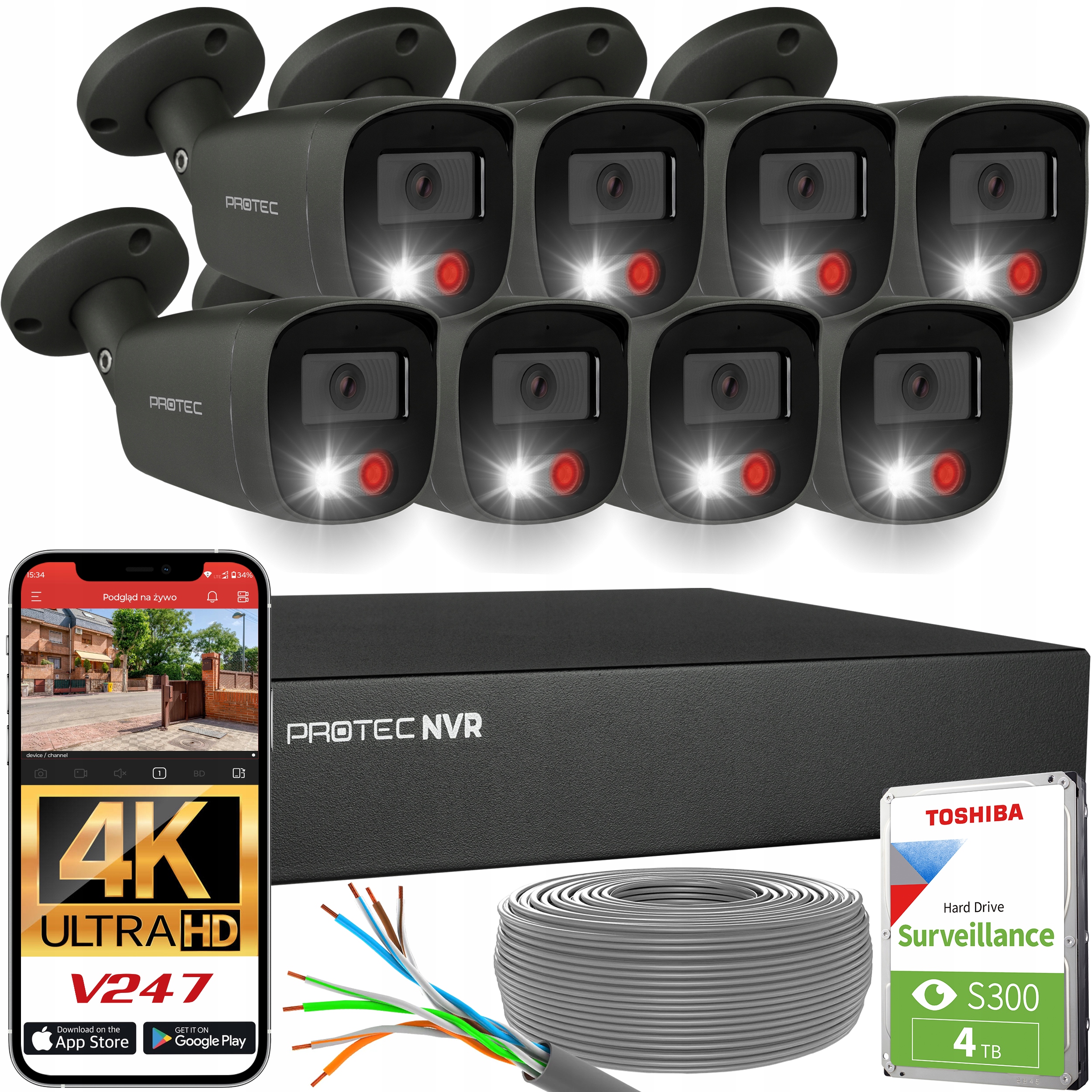 Zestaw do monitoringu 8 kamer Uhd 4K grafitowe Ip PoE inteligentna detekcja