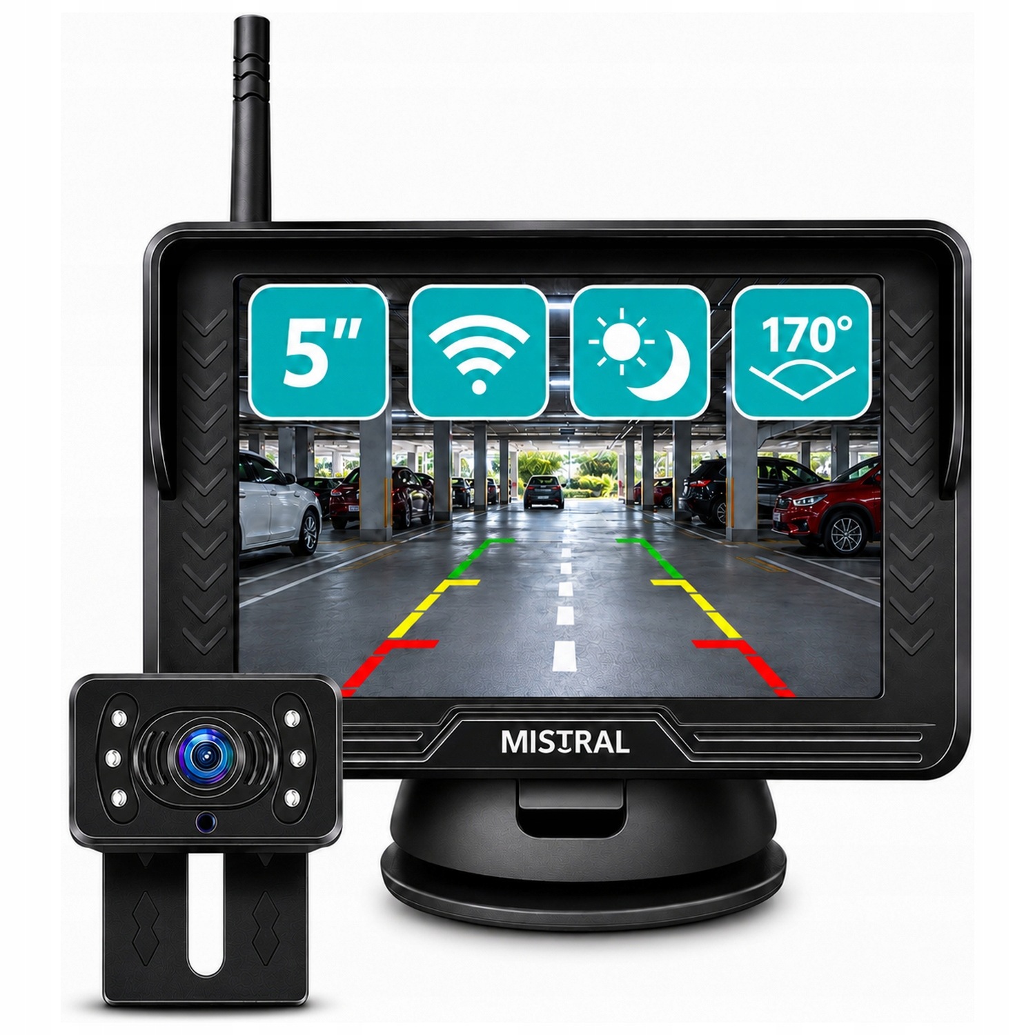 Kamera cofania bezprzewodowa monitor 5'' Mistral AW5 linie cofania tryb noc