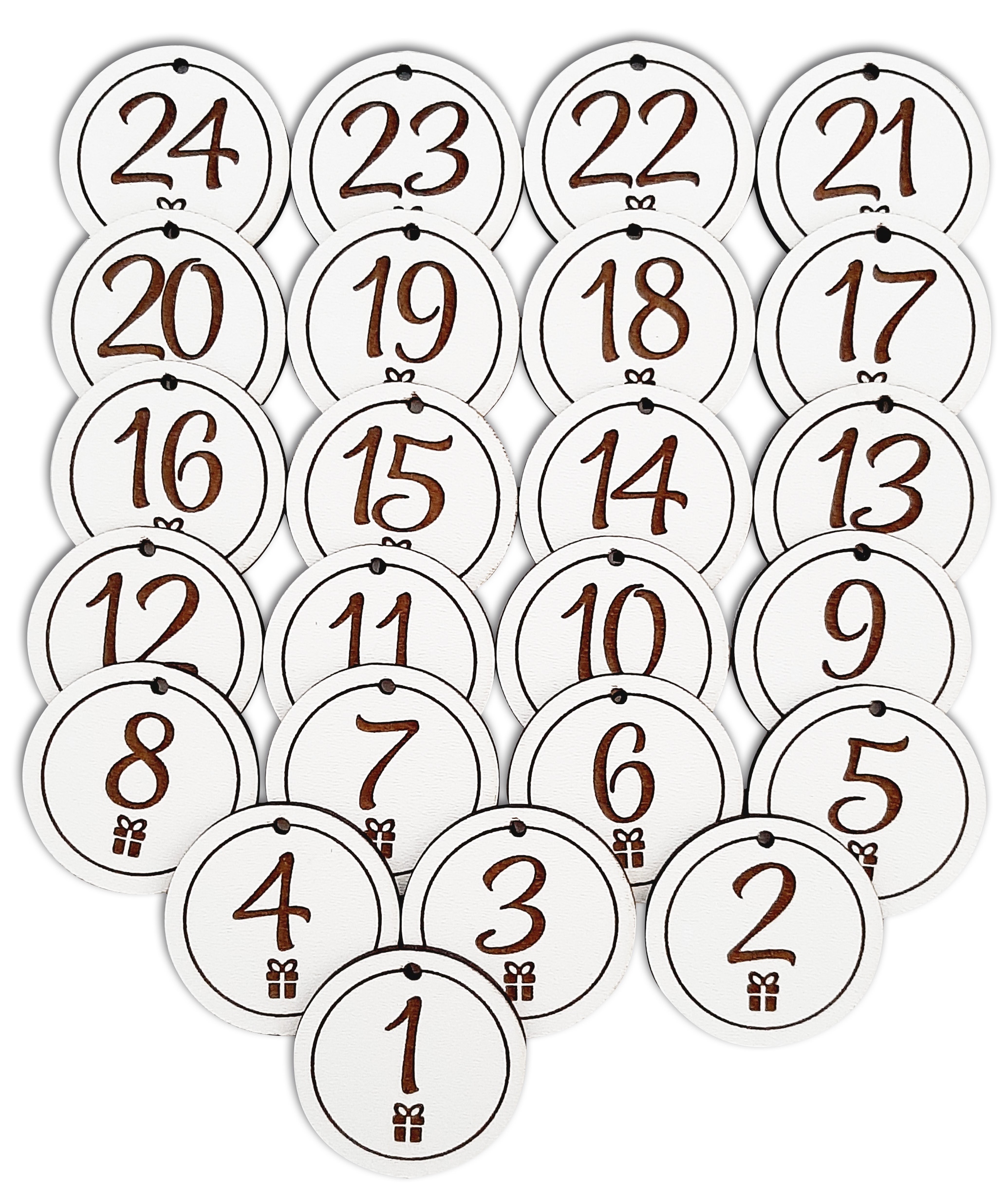 Numerki NUMERY cyfry x24 do kalendarza adwentowego ZAWIESZKI kółeczka białe