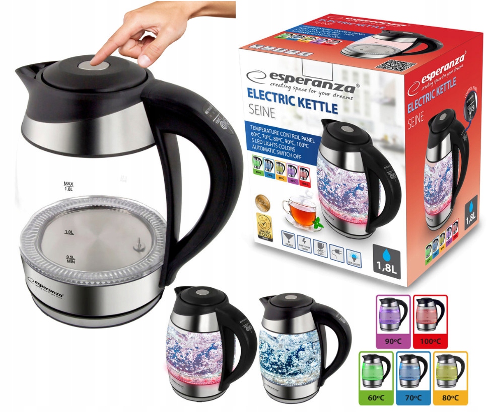 Szklany Czajnik Elektryczny Bezprzewodowy Led z Termometrem 1,8L