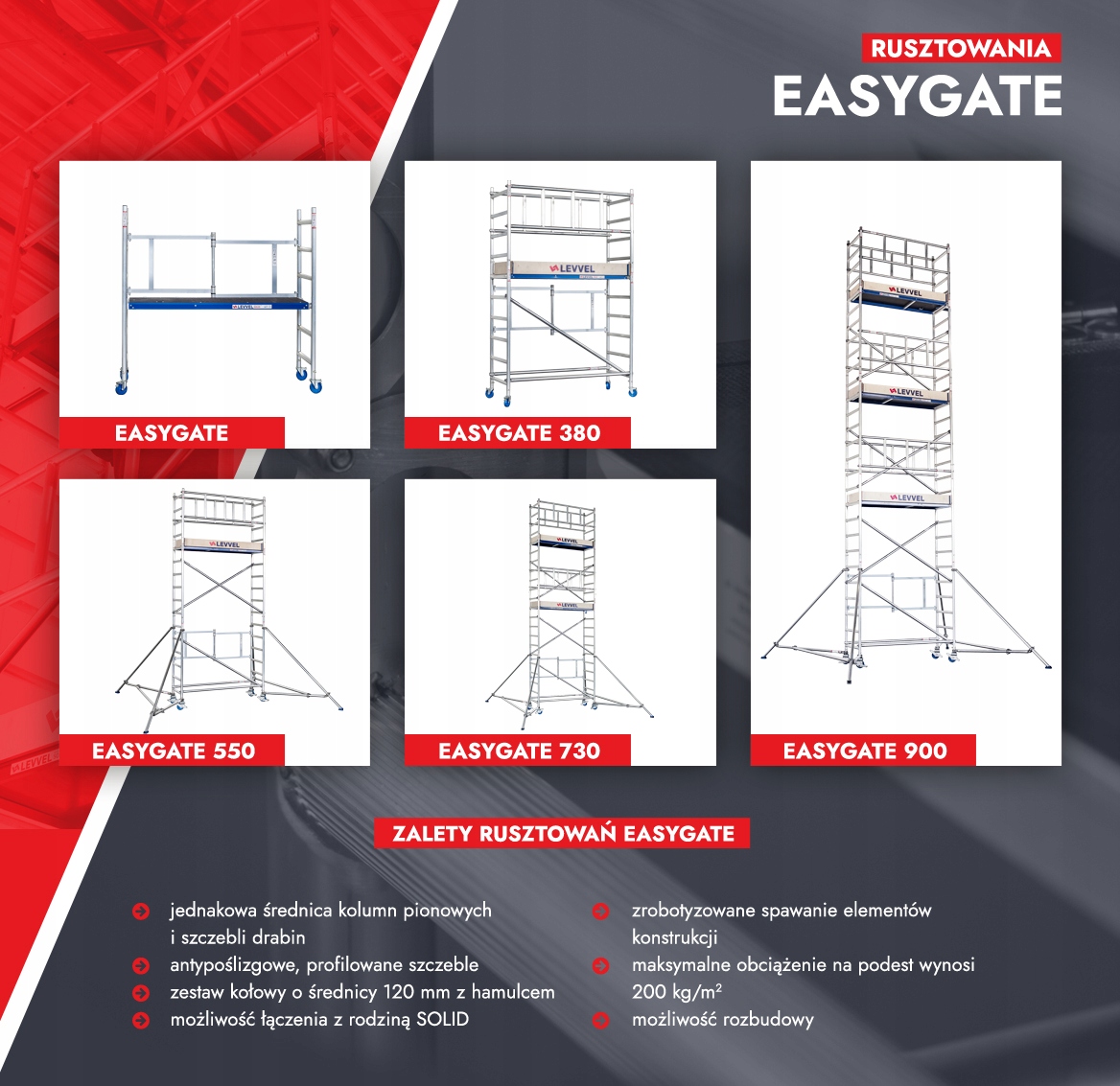 Rusztowanie aluminiowe jezdne LEVVEL EasyGate 3 m Liczba elementów 6