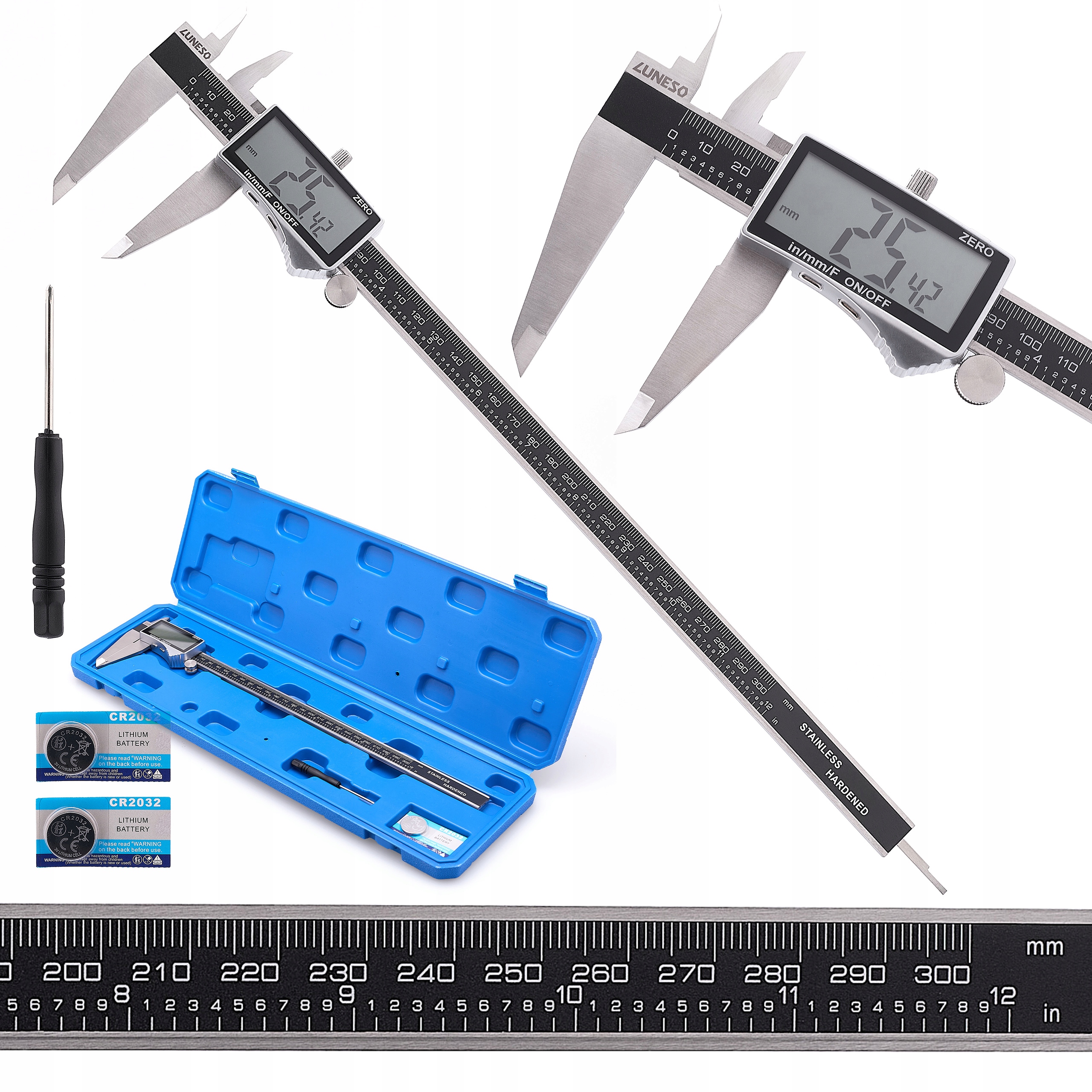 Elektronické posuvné měřítko 300 mm digitální Velký LCD displej Zlomky Pouzdro