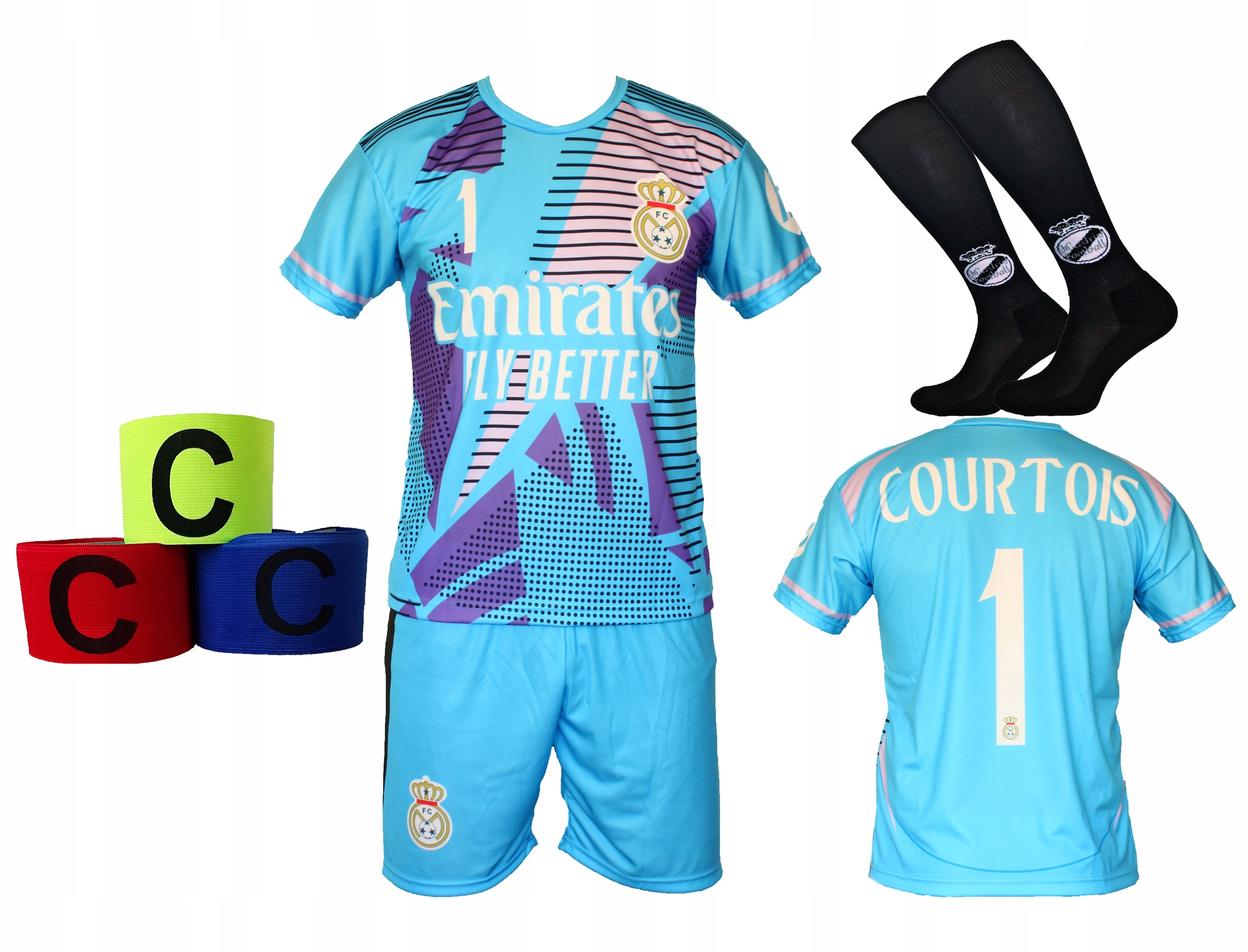 Strój Piłkarski Courtois zielony koszulka spodenki getry opaska r. 122