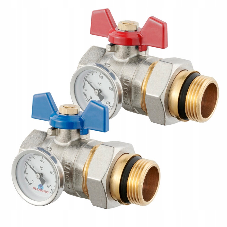 Zawory kulowe proste kpl 2 szt. do rozdzielacza 1'' cz+nie z termometrem