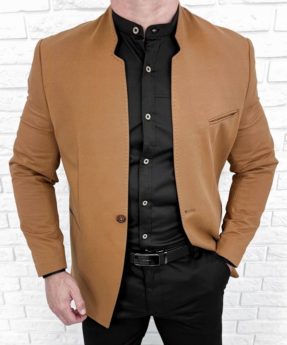 Marynarka meska ze stojka camel casual slim fit 48 Rozmiar 48