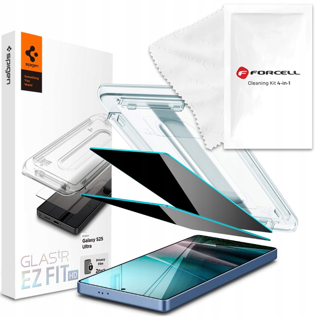 Szkło prywatyzujące Spigen do Galaxy S25 Ultra szybka hartowana +ściereczka