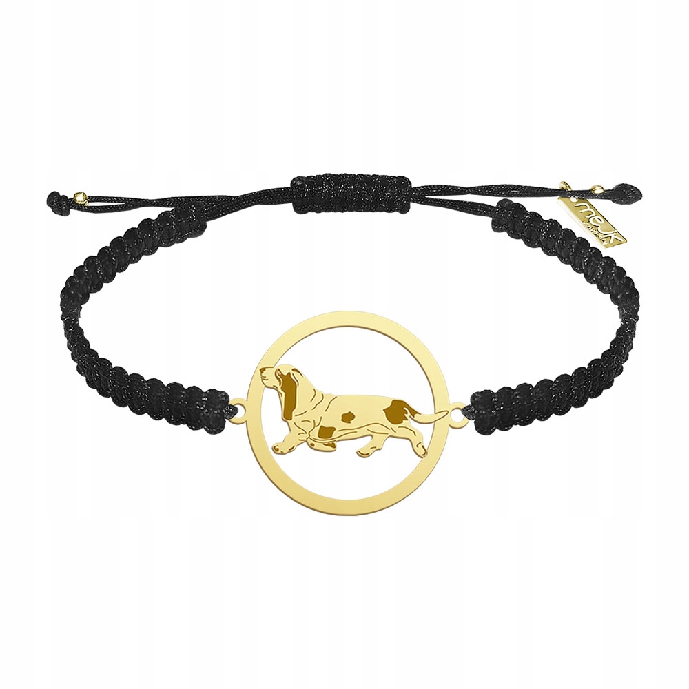 Zlatý náramek se psem plemene Basset 925 Makramé Dárek Žena Gravírování