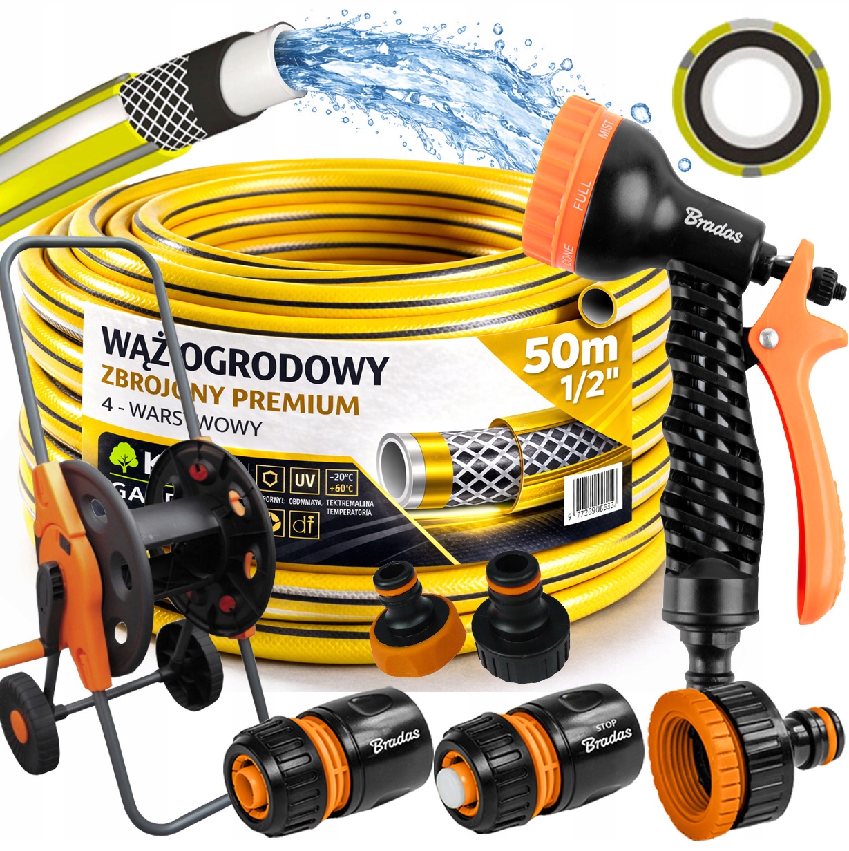 Hadice 1/2" 50 m 4 Vrstvy Premium Pistole Vozík Set Bradas