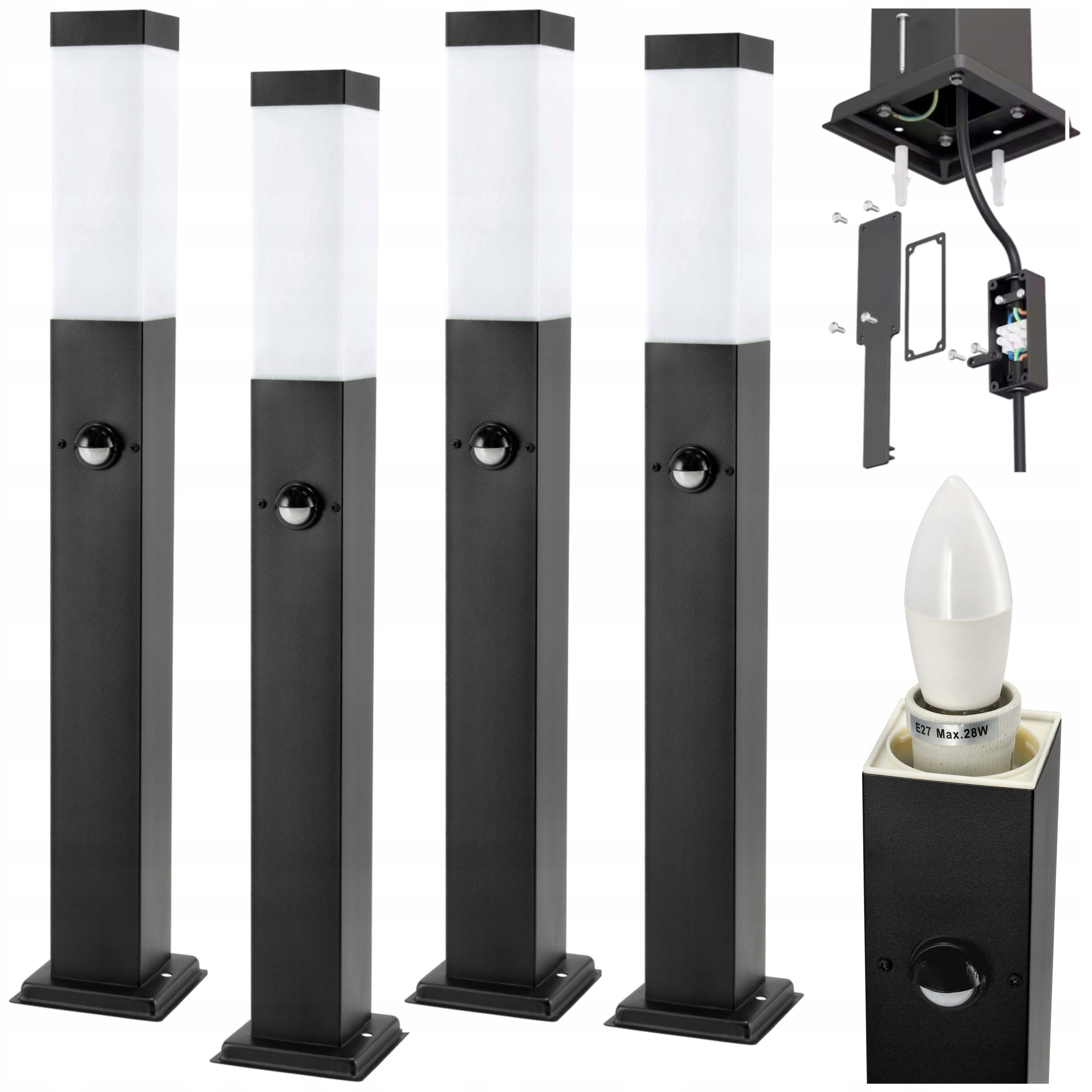 4x Lampa Ogrodowa Z Czujnikiem Stojąca Latarnia Słupek 60cm Led E27 IP54