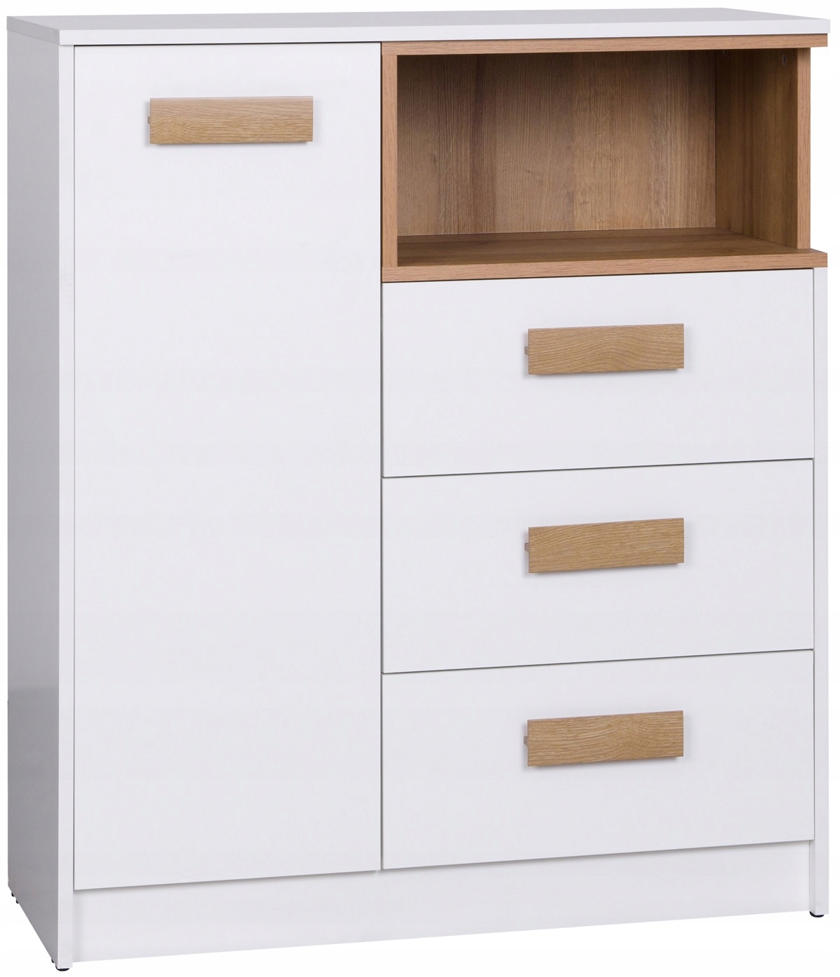 

komoda 88 szufladami półką biała +dąb Grant 04