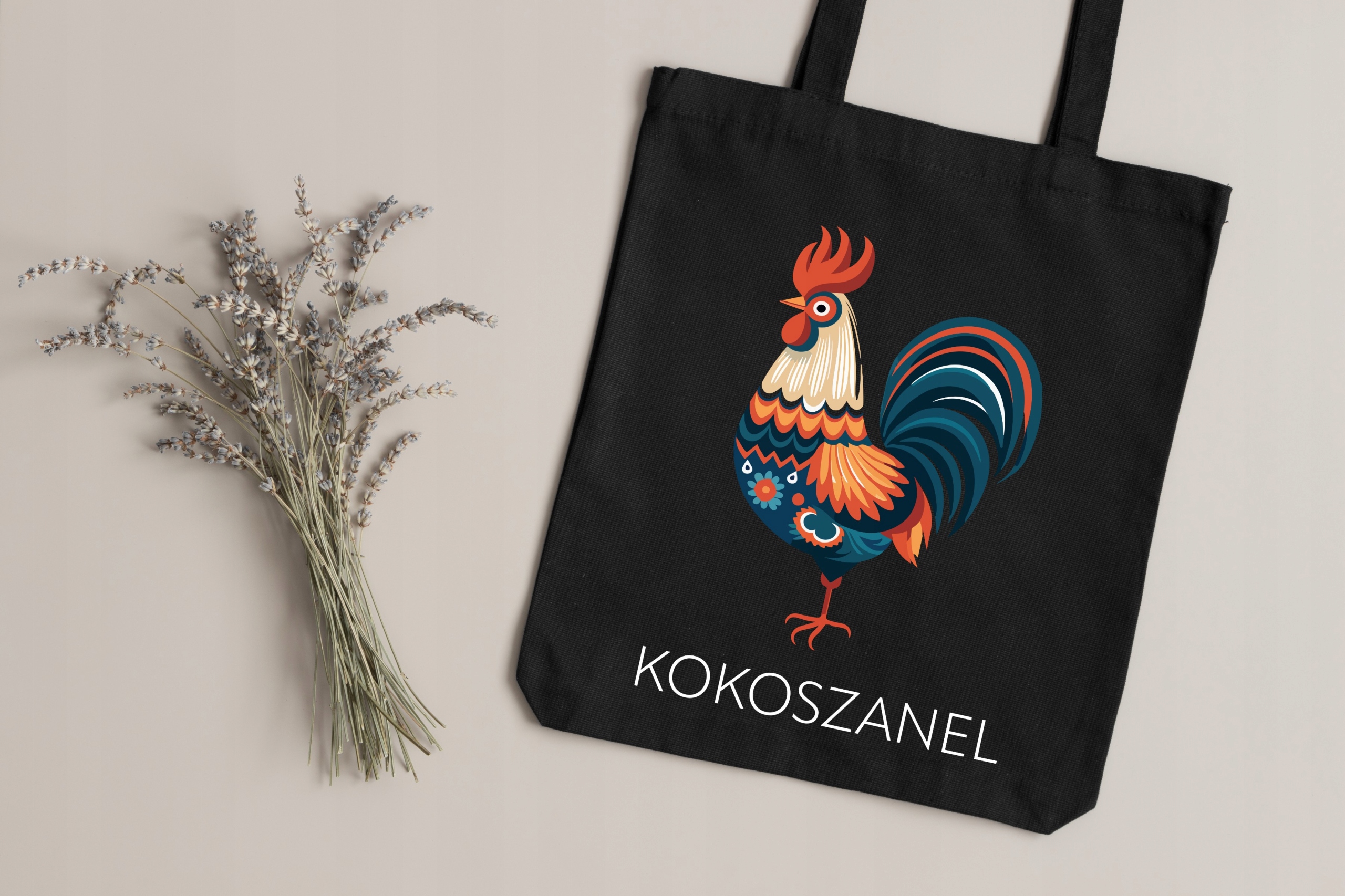 KOKOSZANEL TORBA MATERIAŁOWA ŚMIESZNA NA ZAKUPY BAWEŁNIANA CZARNA KOGUT A4 Model Kokoszanel