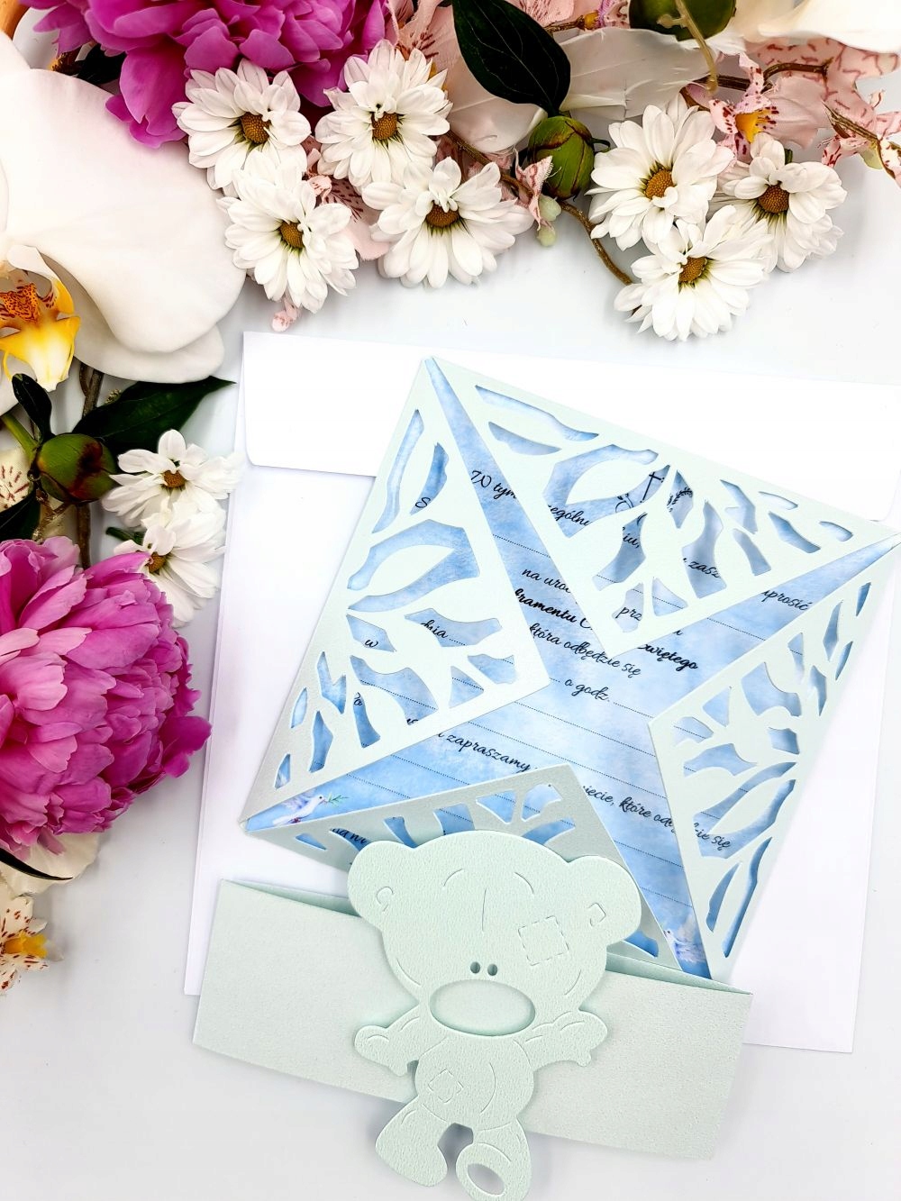 ZAPROSZENIA CHRZEST CHRZCINY NIEBIESKIE ORIGAMI Wysokość produktu 13 cm