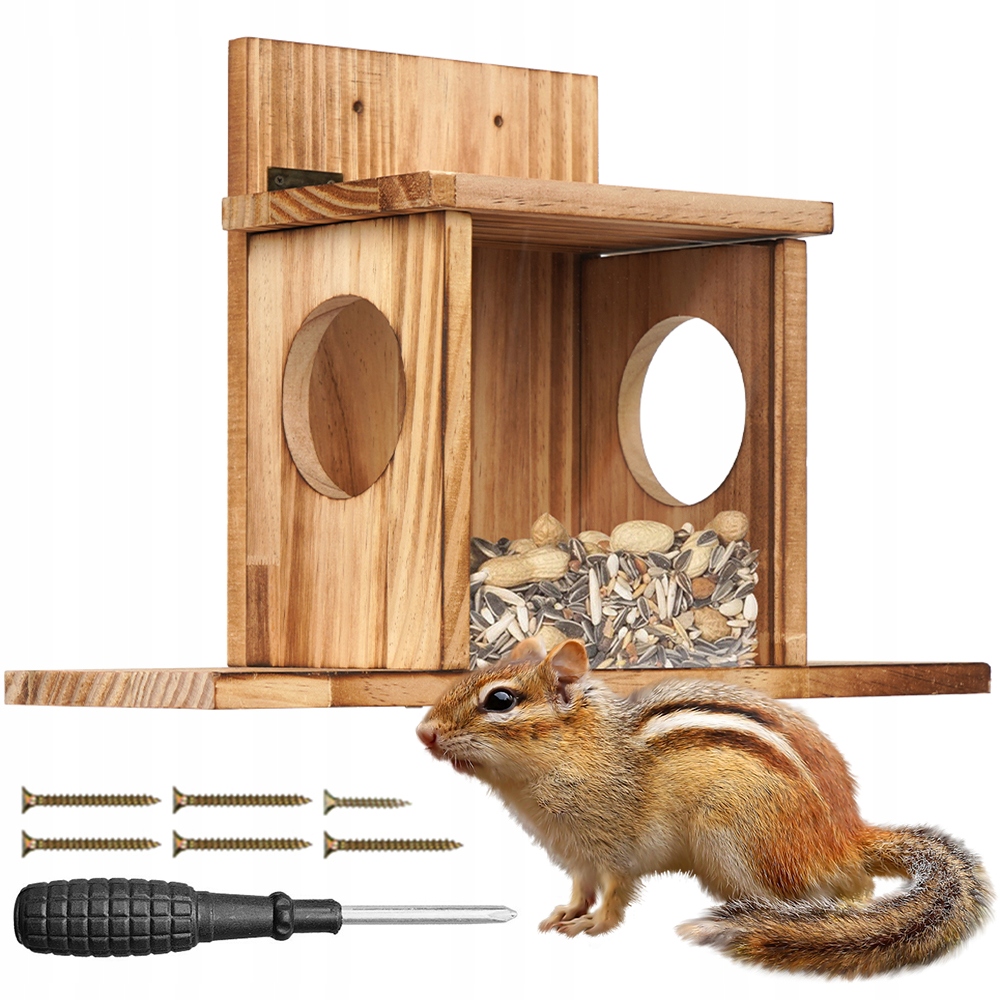 Levně Dřevěné Krmítko Pro Veverky S Podavačem A Víkem Pro Zahradu A Park