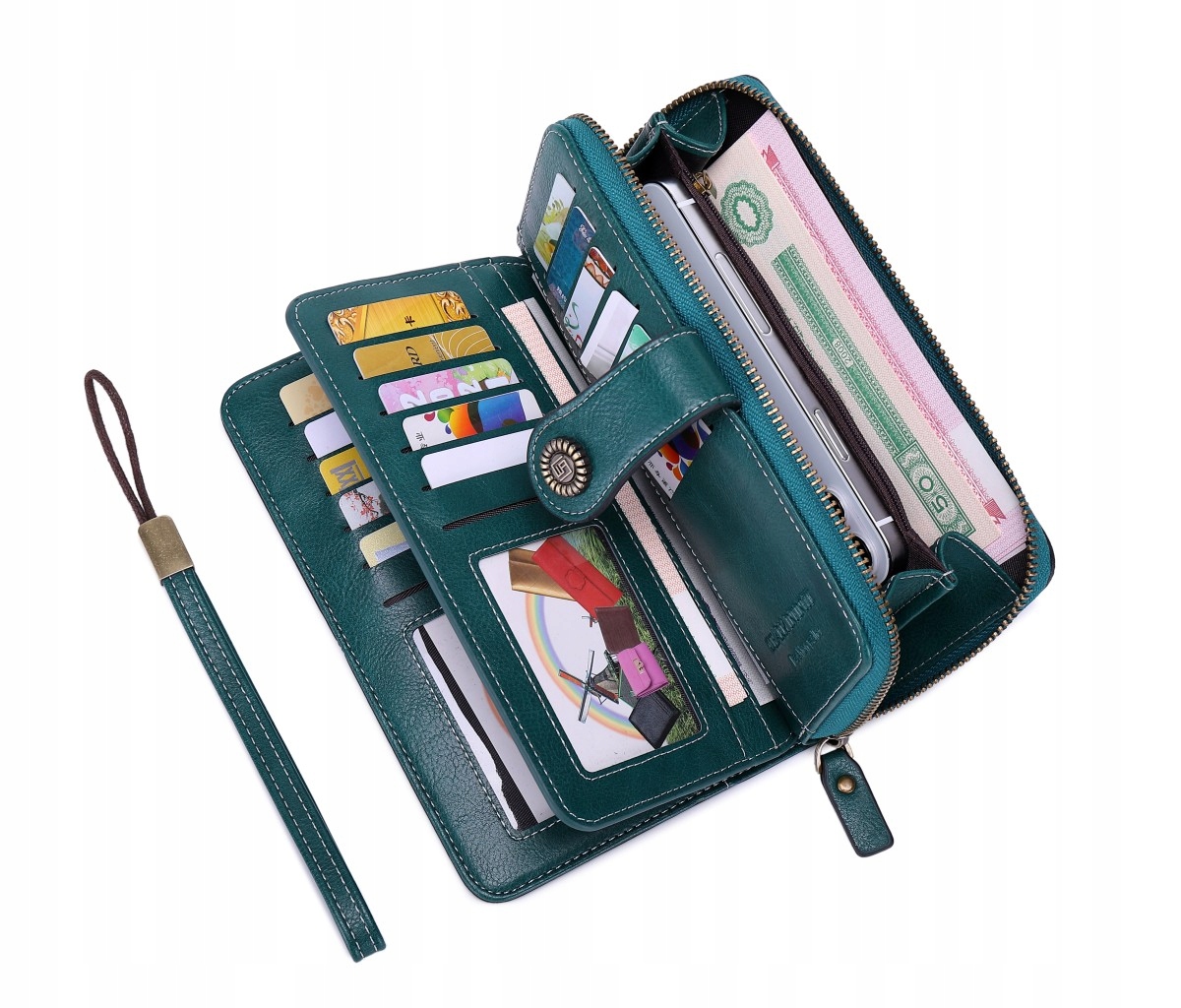 Zielony elegancki skórzany portfel damski skóra system RFID pasek na rękę Rodzaj portfel