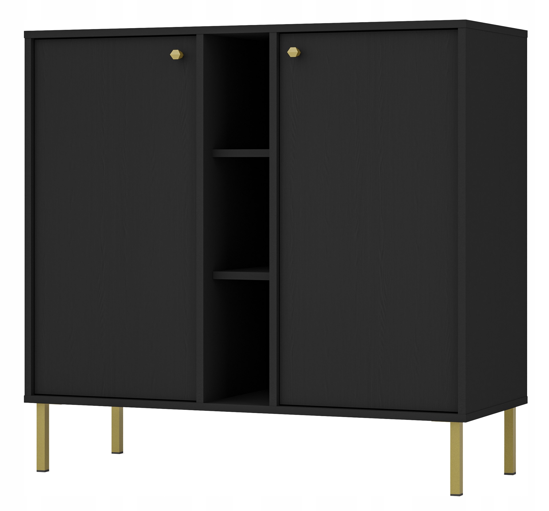 Dvoudveřová komoda Oktio s policemi 100 cm černá grafit na zlatých nohách
