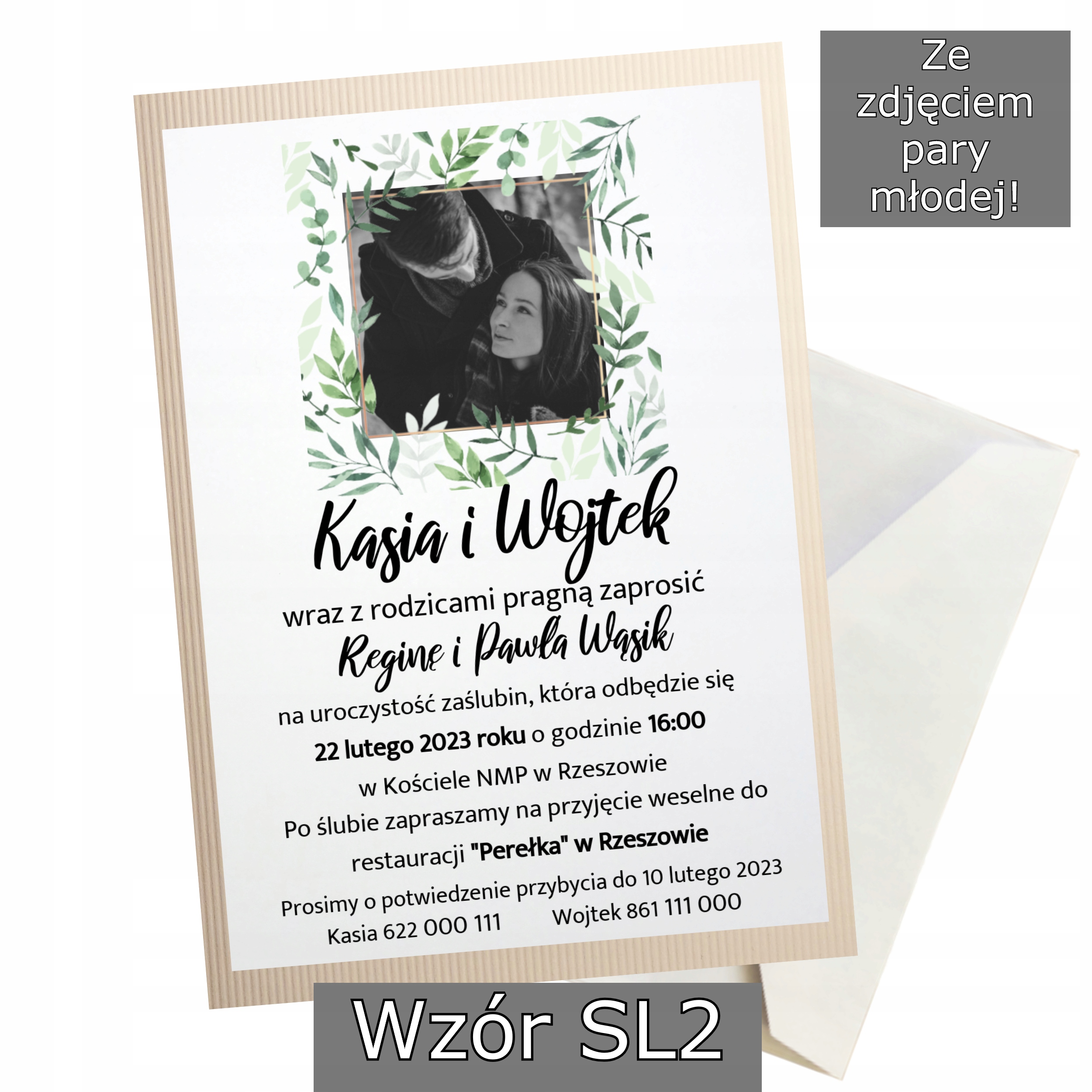 ZAPROSZENIE ŚLUB WESELE + KOPERTA PERSONALIZOWANE Kolor dominujący ecru