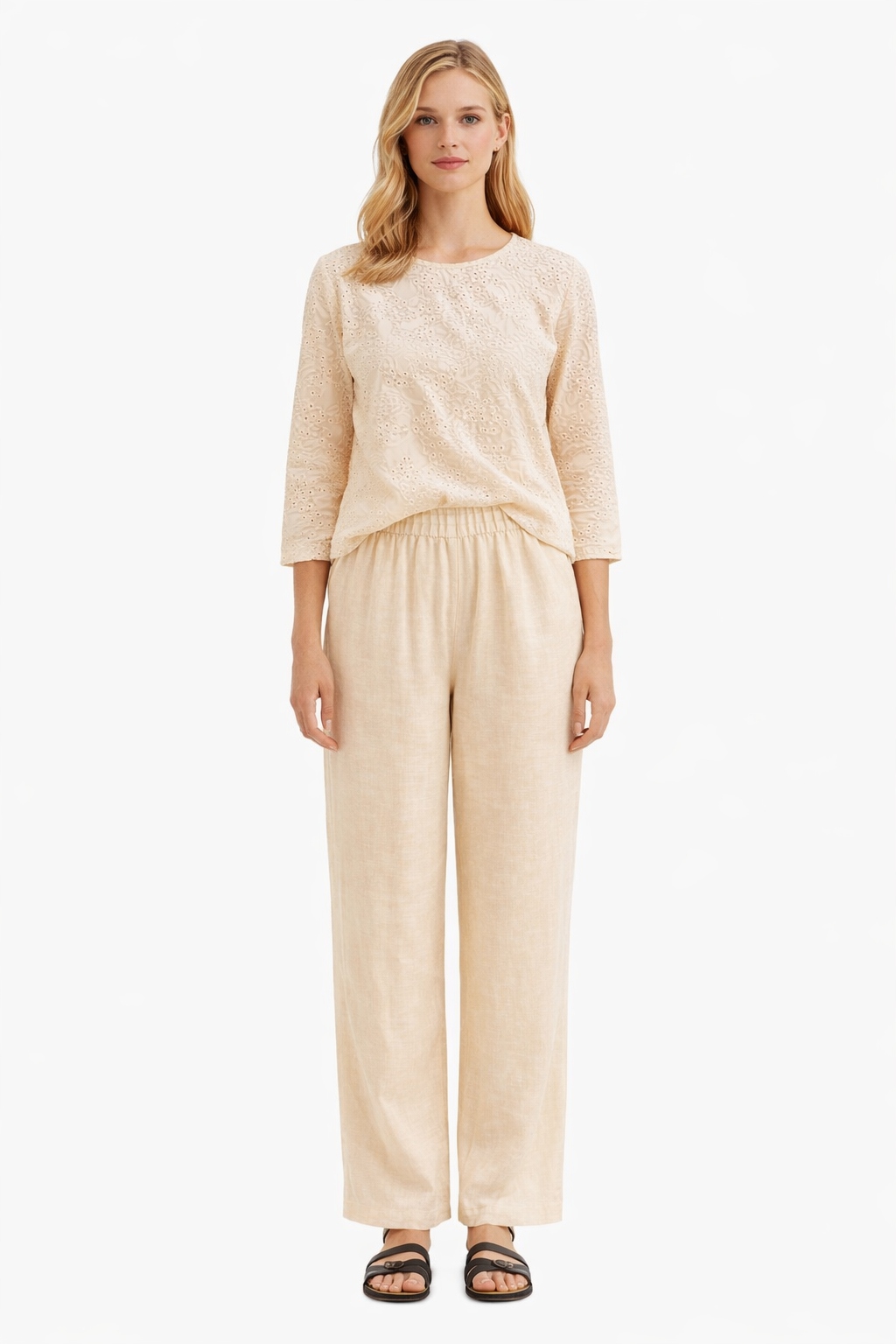 Béžové Lněné Palazzo Kalhoty S Vysokým Pasem I3A