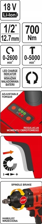 KLUCZ BEZSZCZOTKOWY (KORPUS) 1/2'' 700NM YT-828061 + 2x6AH Waga narzędzia 4.7 kg