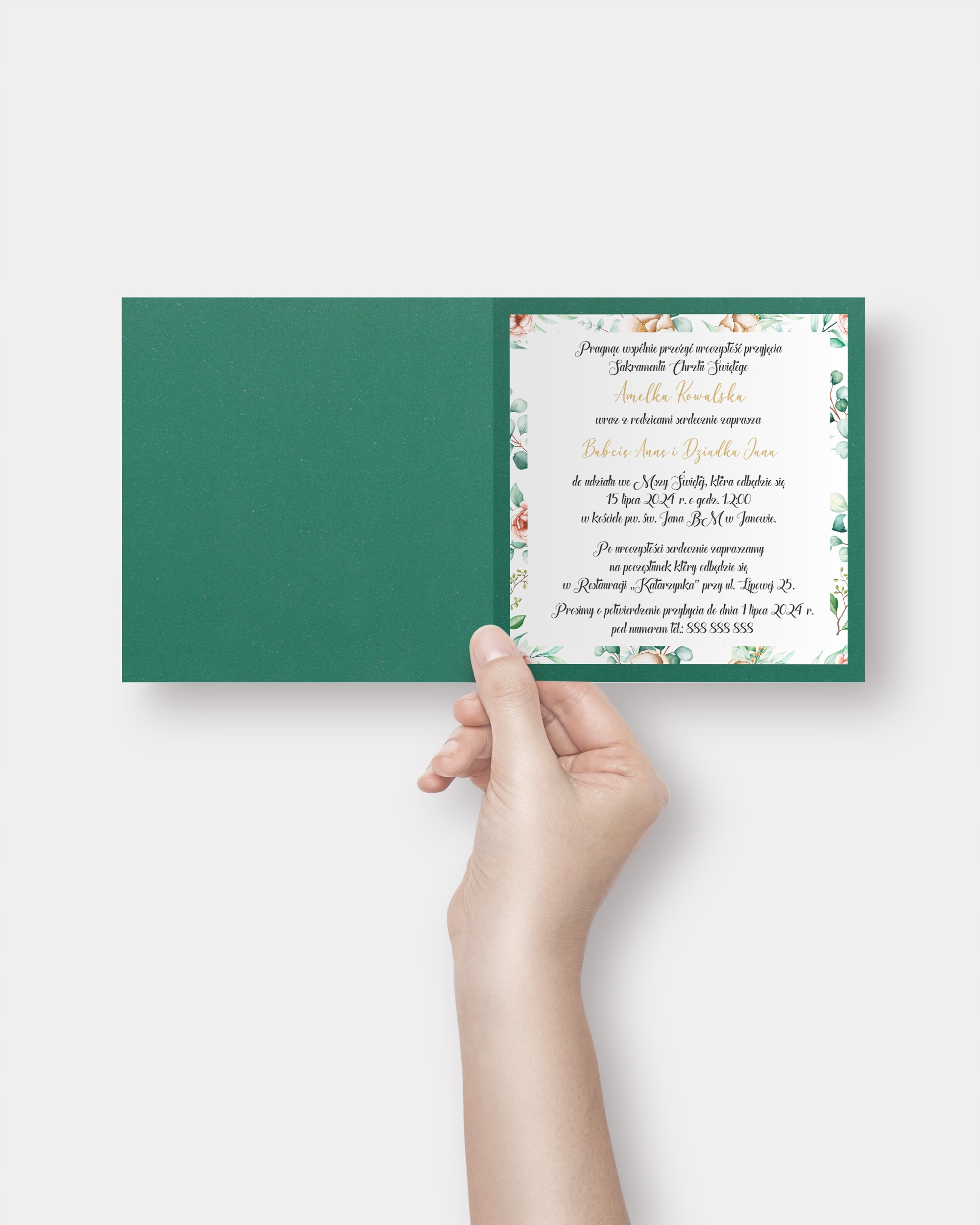 Zaproszenie na chrzest personalizowane z kopertą „Baby Feet Rose Garden” Kolor dominujący wielokolorowy