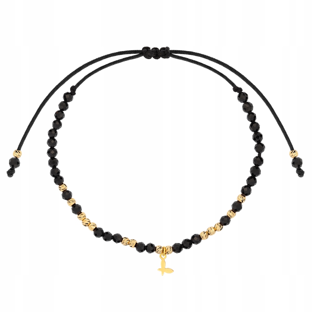 Bransoletka Złota Na Sznurku Czarna z Turmalinem Regulowana Złoto 585 Sadva