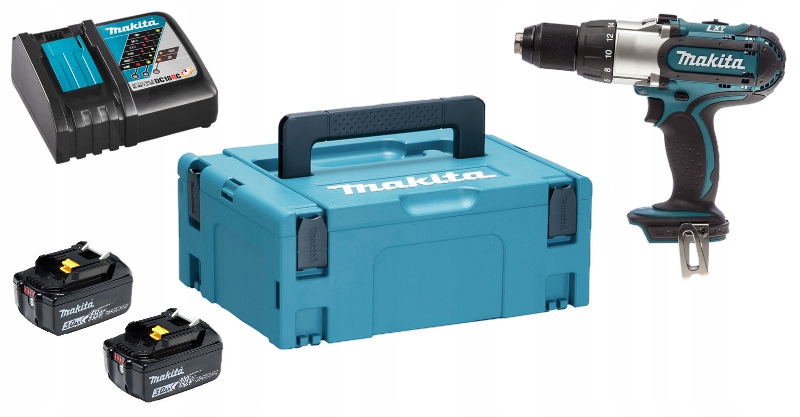 Makita Aku Wiertarko Wkrętarka Udar Lxt 18V 2x3Ah BL1830 DC18RC DHP451ZJ