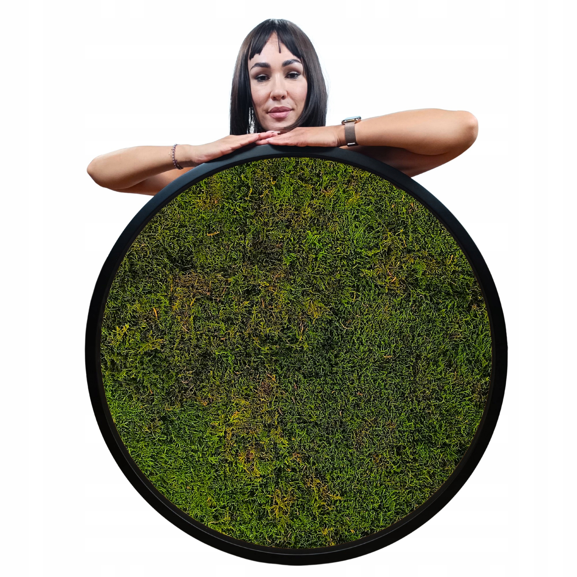 Obraz Mech Plochý dřevěný Kulatý černý rám Živý stabilizovaný 90 cm