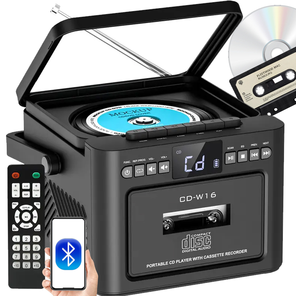 Přenosný Kazetový CD Přehrávač Bluetooth Audio Rádio Akumulátor Dálkové Ovládání