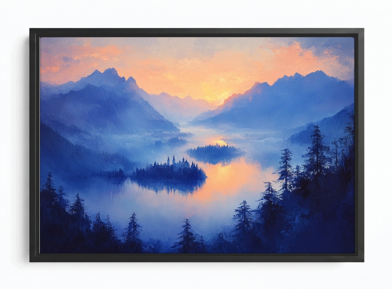 Obraz Rám Americký Box Krajina Vysoké Hory Les Jezero Ostrov Zámek 60x40