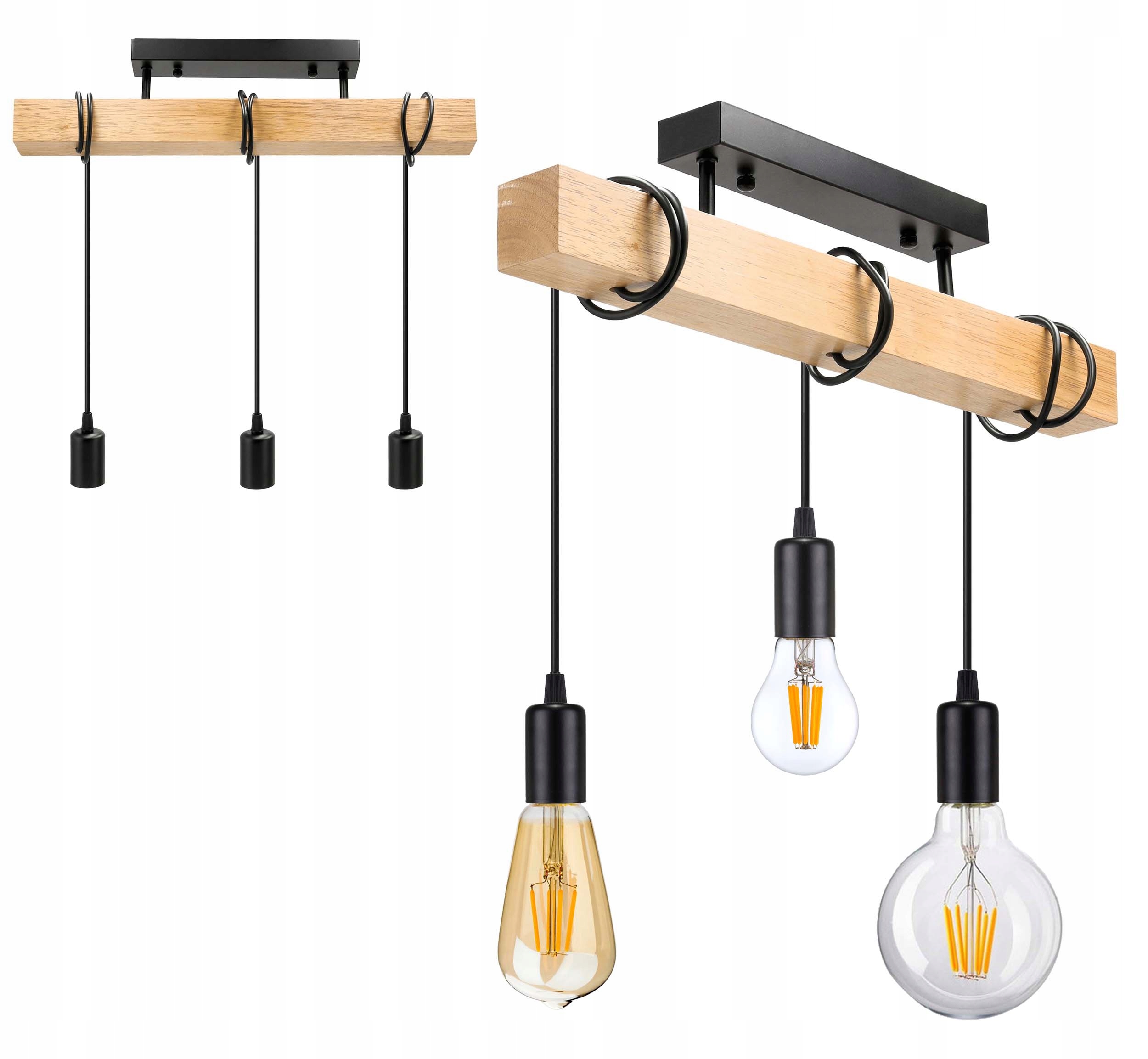 Lampa drewniana belka wisząca sufitowa Żyrandol Zwis Loft Czarny na 3x E27