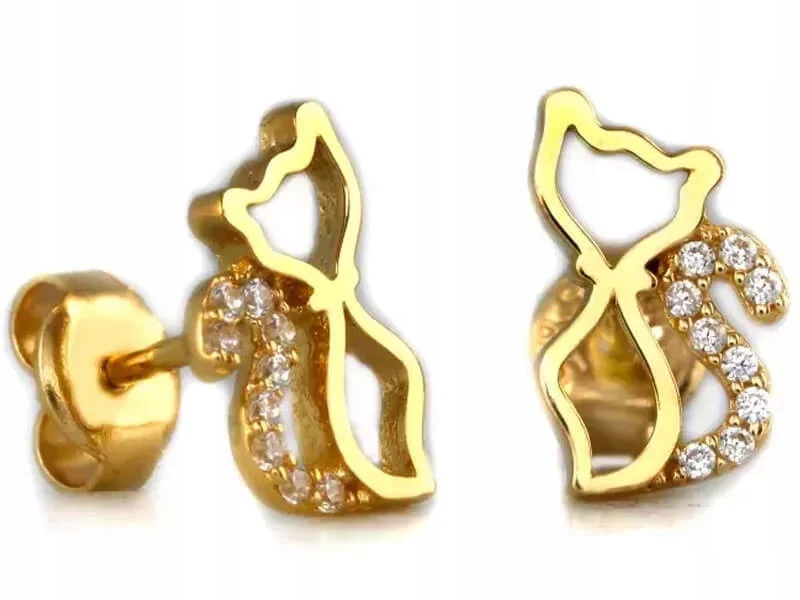 Zlaté náušnice 585 elegantní kočičky se zirkony na puzetu jako dárek 14kt
