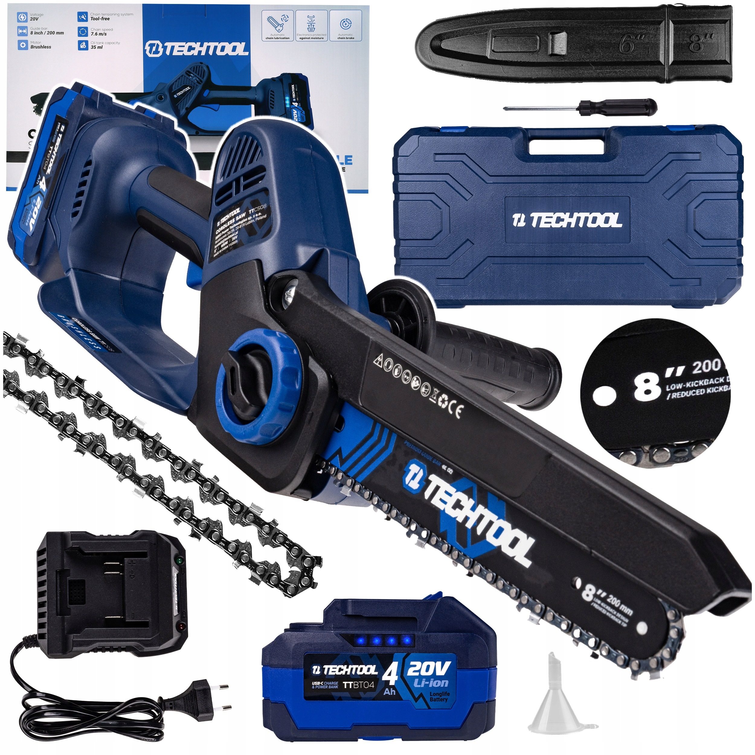 Aku Řetězová Pila Pila 8" Větvička Kufr 4AH Techtool