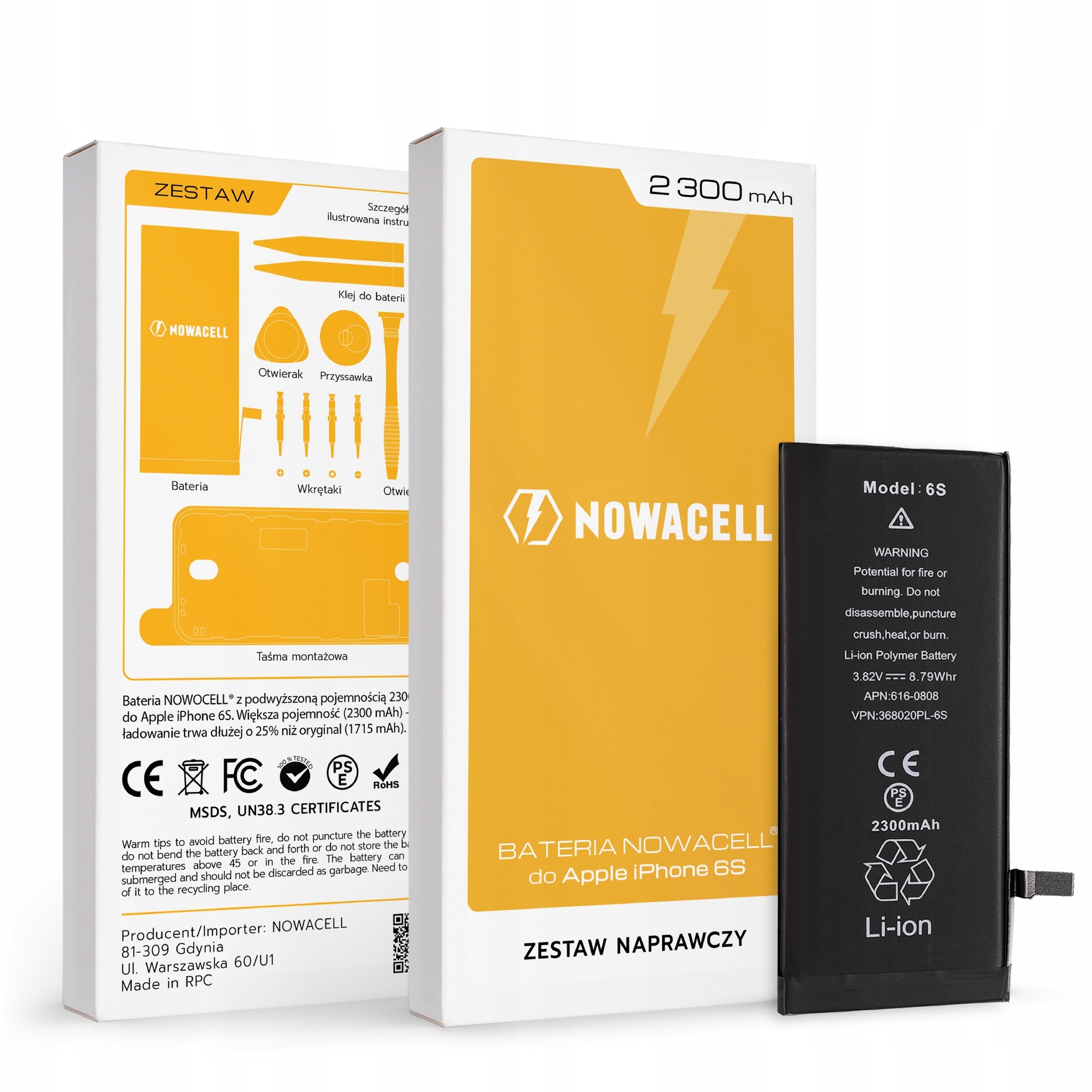 Bateria NOWACELL do iPhone 6S - większa pojemność Pojemność akumulatora 2300 mAh