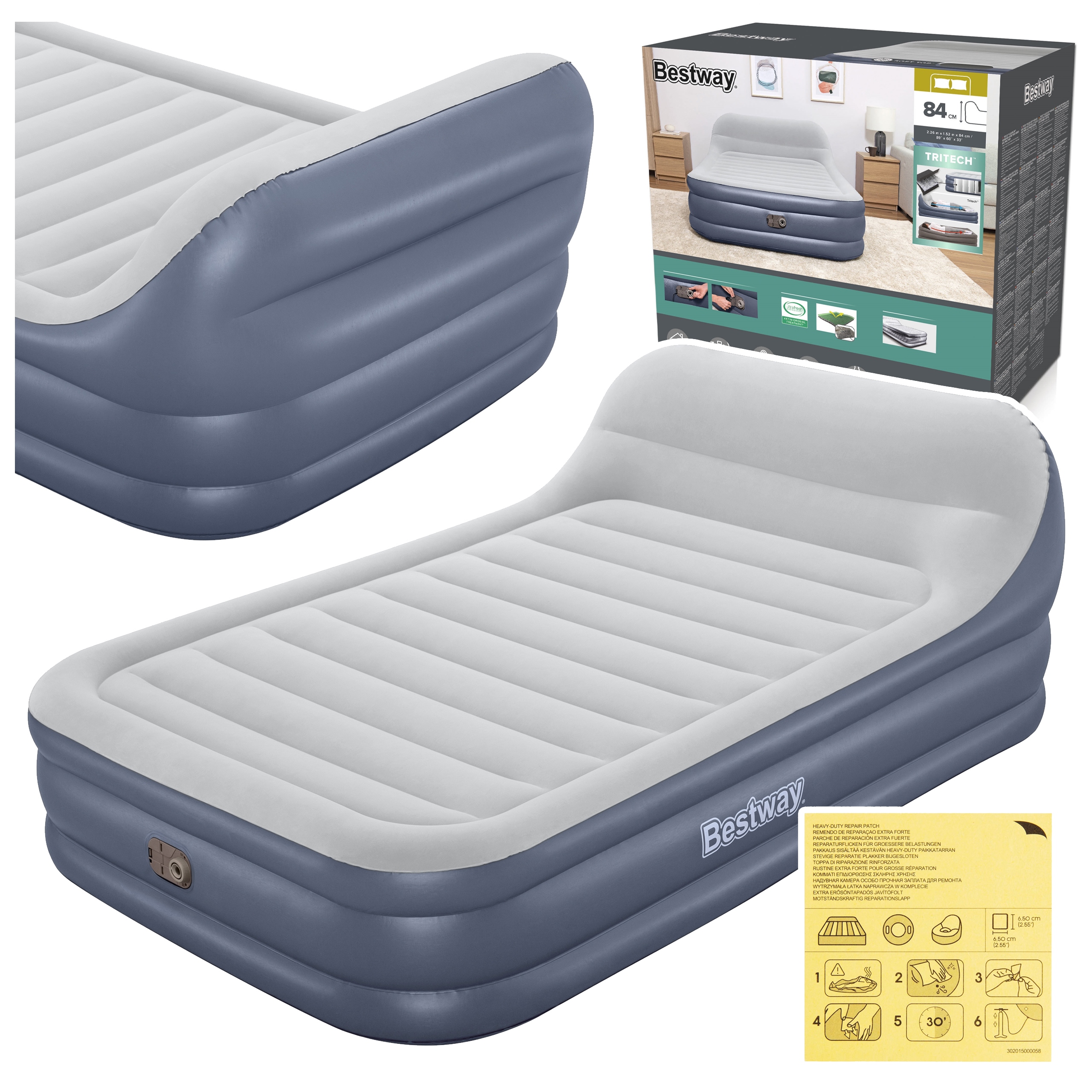 Materac Dmuchany Welurowy z Pompką 230V Dwuosobowy 226x152cm Wysoki Bestway