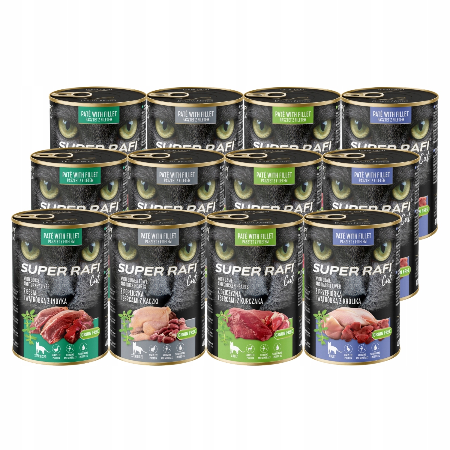 Levně Rafi Cat krmivo pro kočky mix 4 příchutí sada 12x400g bez obilovin