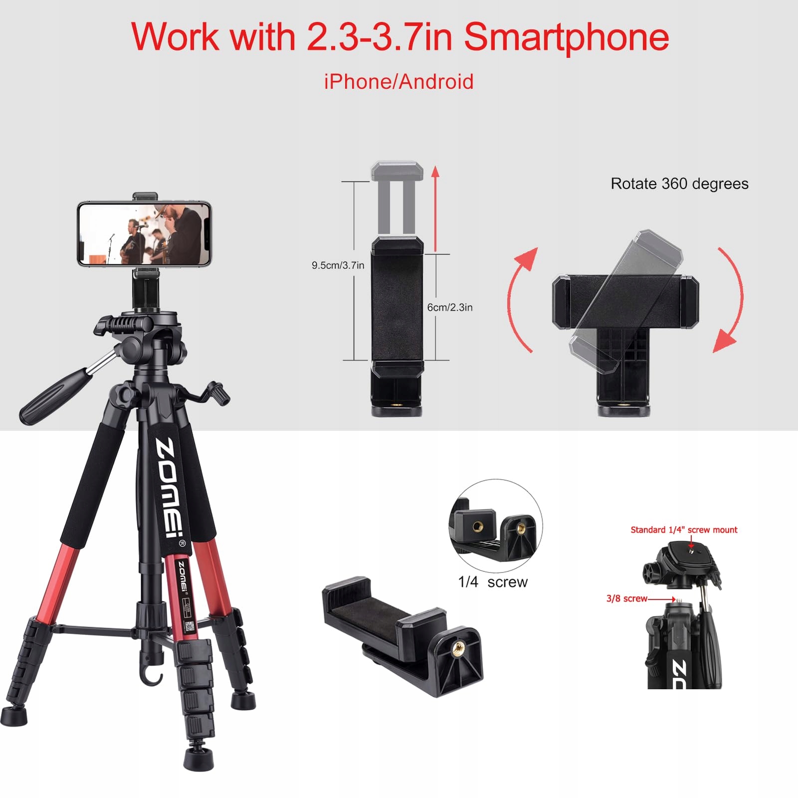 ZOMEI Profesjonalny Statyw 188cm Do DSLR Telefonów Projektorów Czerwony — miniatura 6
