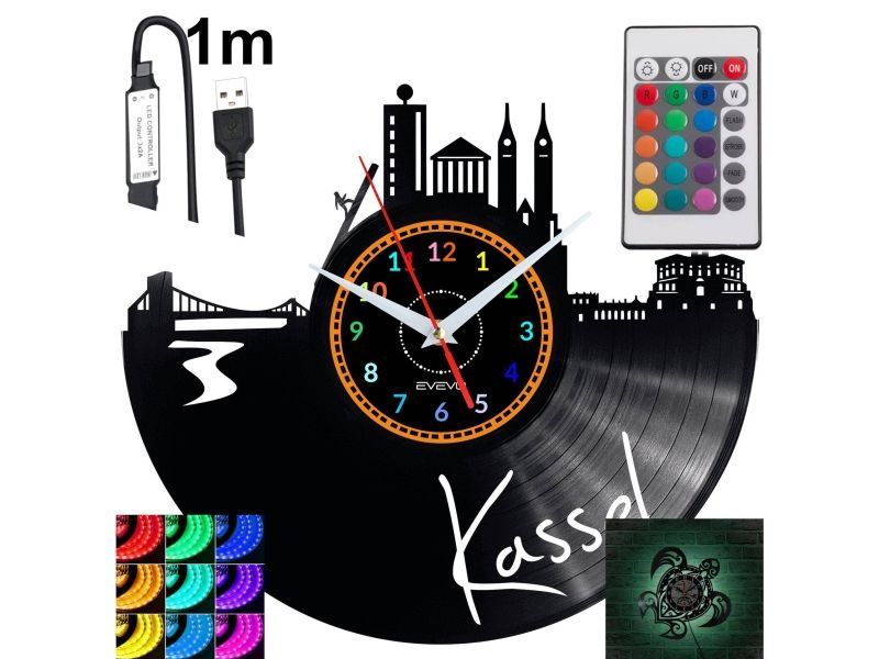 Kassel Nástěnné hodiny podsvícené Led Rgb na dálkové ovládání Vinylová deska Modern