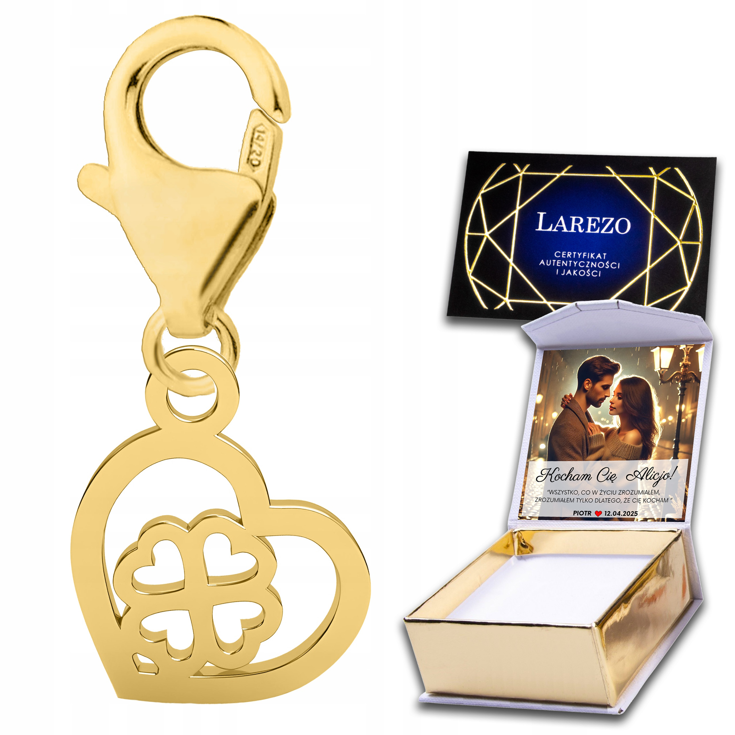 Zlatý přívěsek Srdce s jetelem Čtyřlístkem Štěstí Rostlina Potisk